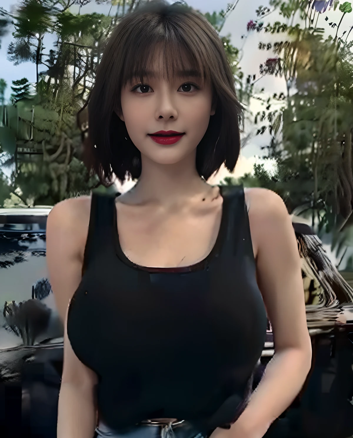 1girll, (Black eyes), Smiling, (In Mina's name), Wide hips, Bigboobs, huge tit,cleavage,Skirt that wraps hips,Big ass, (Best quality, 8K, Masterpiece: 1.3), Clear focus: 1.2, Perfect body beauty: 1.4, Slender abs: 1.2, Highly detailed face and skin texture, Detailed eyes, Double eyelids, Red lips (Long blonde hair), (camisole), (Tight hip-wrapped long skirt), Street photography