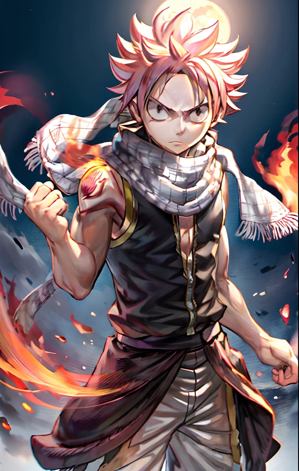 (((1boy, (natsu_dragneel:1.2), scarf, sleeveless, black eyes, fire, arm up,))) default_outfit, standing,  looking_at_viewer, solo, male_focus, Cowboy_shot,  close up portrait, outdoors, (night, dark:1.25), street, (darkestdiffusion style:0.6), (evreka15 style:0.6), best quality, absurdres, highres, (original), (extremely detailed wallpaper), 8k, (color), (trending on artstation, cgsociety, pixiv:0.85), highly detailed, (coherent:1.5), (beautiful composition:1.2),  (dynamic lighting), (intricate:1.15), (symmetrical:1.1), (hd:1.25), (masterpiece:0.9), (by atey ghailan and anton fadeev:0.9), [light_rays], moon,  (blurry_background, depth of field:0.5), 
Official_Art,