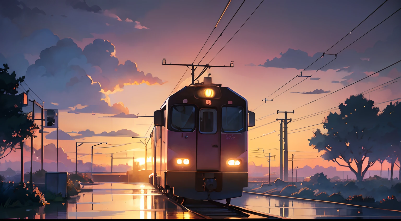 anime scene of a train passing under a pink and purple sky, an anime drawing by Makoto Shinkai, trend in pixiv, magical realism, beautiful anime scene. by Makoto Shinkai, ( ( Makoto Shinkai ), by Makoto Shinkai, anime background art, Makoto Shinkai style, with lots of rain.