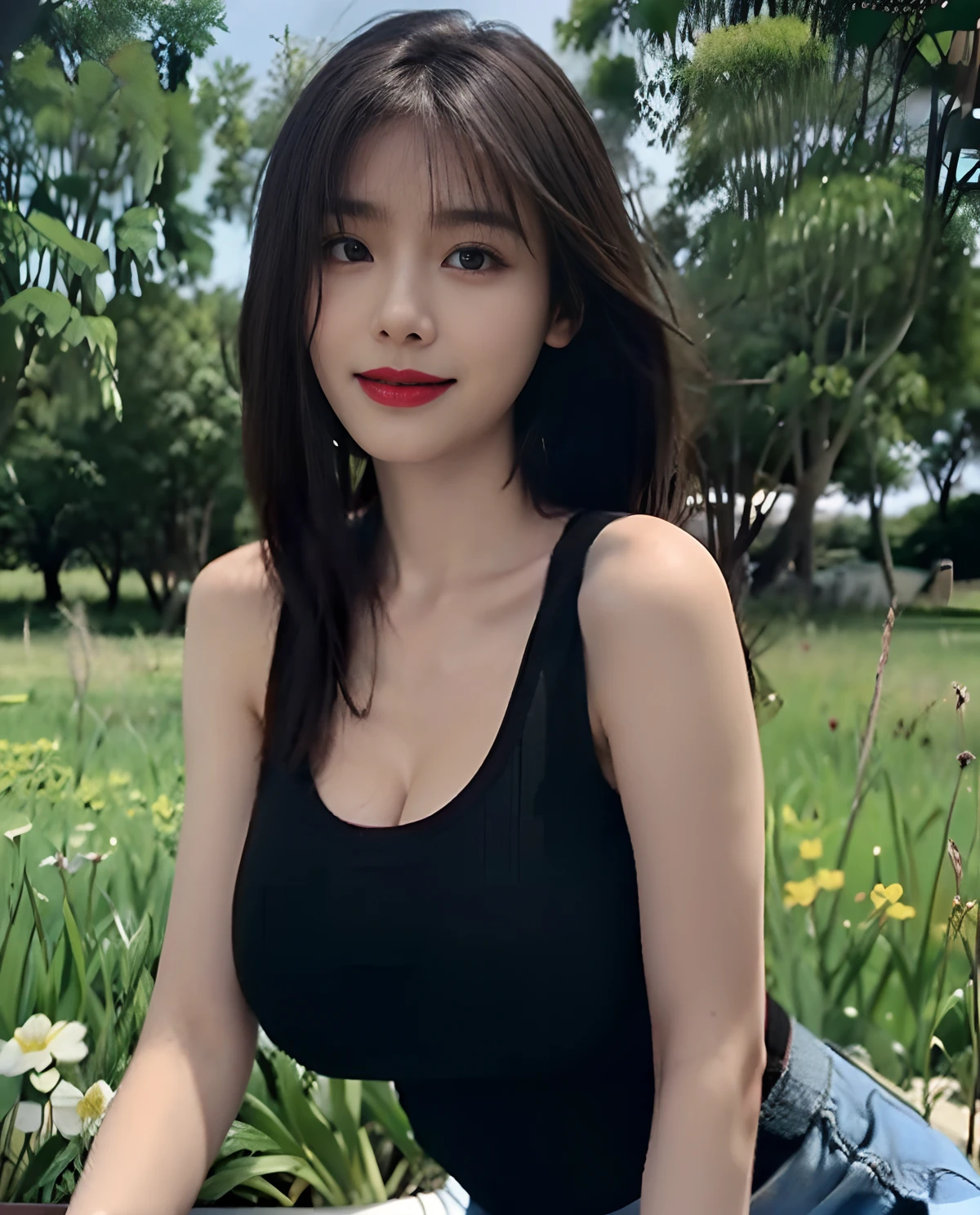 1girll, (Black eyes), Smiling, (In Mina's name), Wide hips, Bigboobs, huge tit，cleavage，Skirt that wraps hips，Big ass, (Best quality, 8K, Masterpiece: 1.3), Clear focus: 1.2, Perfect body beauty: 1.4, Slender abs: 1.2, Highly detailed face and skin texture, Detailed eyes, Double eyelids, Red lips (Long blonde hair), (black tanktop), (Skinny jeans), Bend over to expose her tits, In the middle of a field