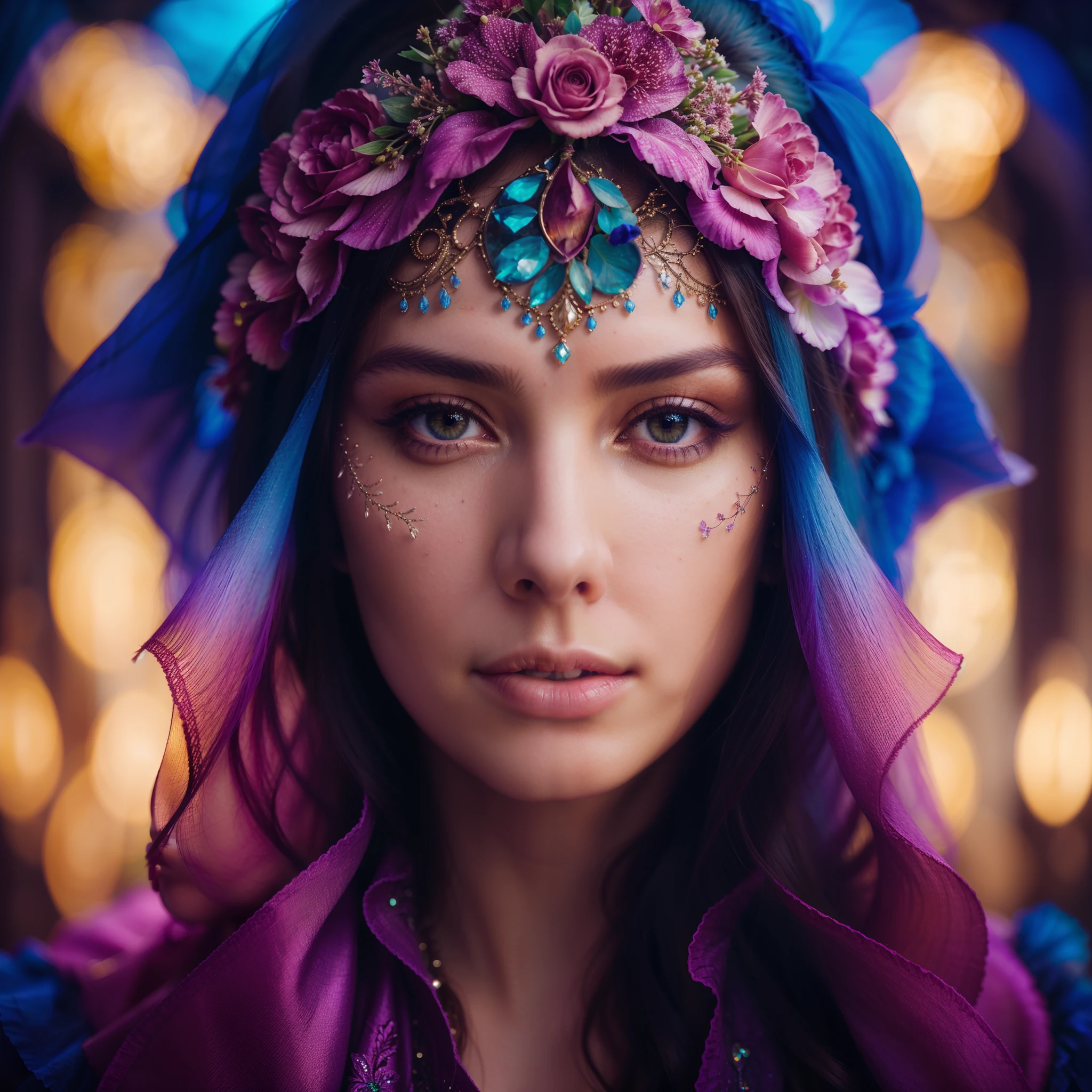 Vibrant fantasy-themed portrait, photorealistic, woman model, reflection, highlights, close-up, blending vivid fantasy and reality, ethereal colors, high contrast, intricate details, 85mm lens, wide aperture, magical ambiance, colorful lighting, surreal, dreamlike atmosphere, 4k resolution, enchanting, mystical, post-processing, unique, captivating expression, delicate features, ultra-realistic, stunning portrayal, masterful technique.