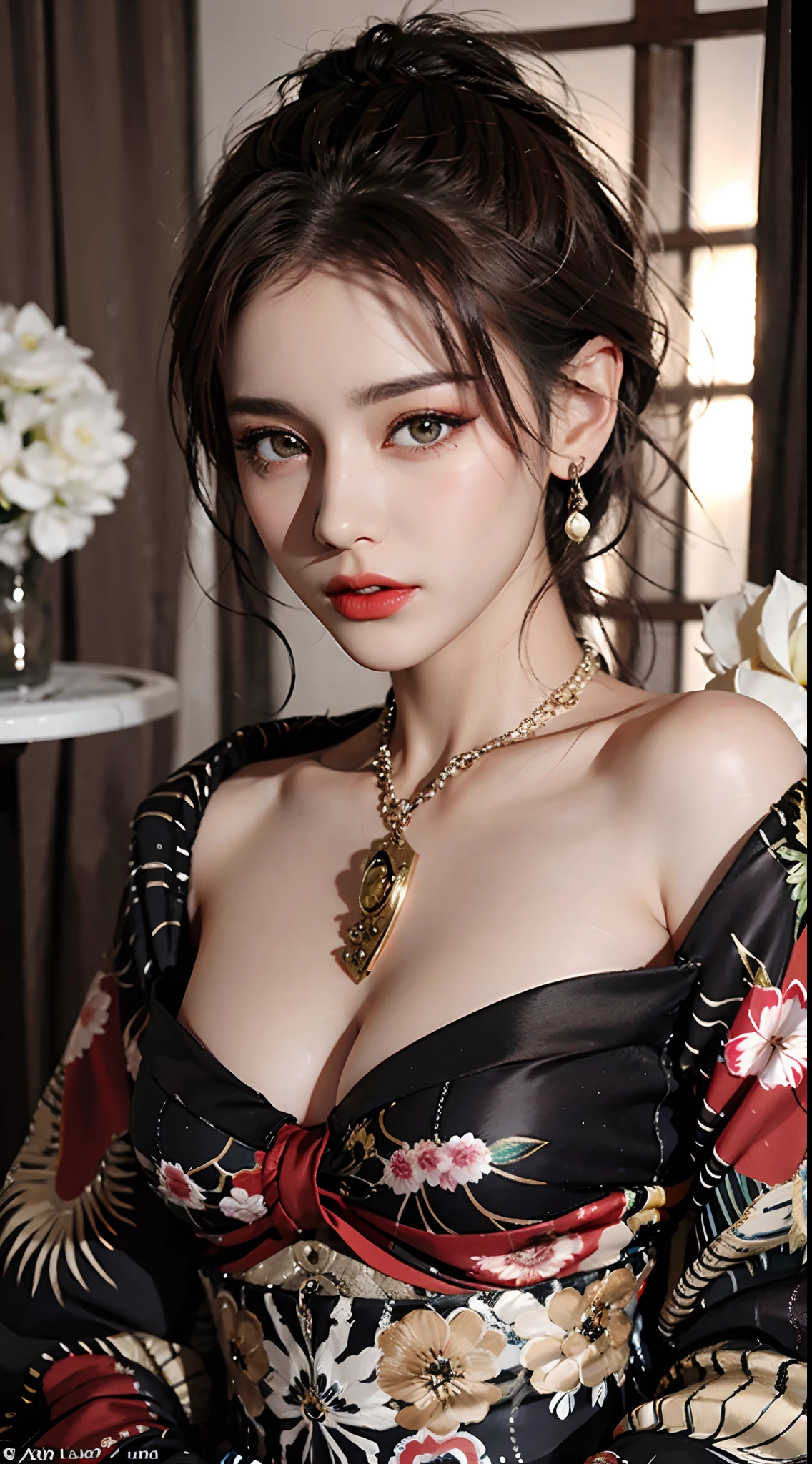 shukezouma, rendering by octane, hdr, (ultra - detailed:1.25), (Soft light, Sharp:1.2), 1girll, Beautiful girl, dark brown hair, hyper detail eyes, mature, Painting drops, paint teardrops, woman made up from paint, entirely paint, splat, Splash, Long colored hair, Kimono made of paint, Ultra-fine texture kimono, Paint kimono, paint bulb, Exposed cleavage, Sexy, paint drops, Indoors, Exposed shoulders, Tears, Sexy, shoulders are visible, Thighs exposed, seminude, focus onface, Beautiful face, eye shadows, Dark circle contour, russian face, Russian girl, mascara, Beautiful, 18yr old