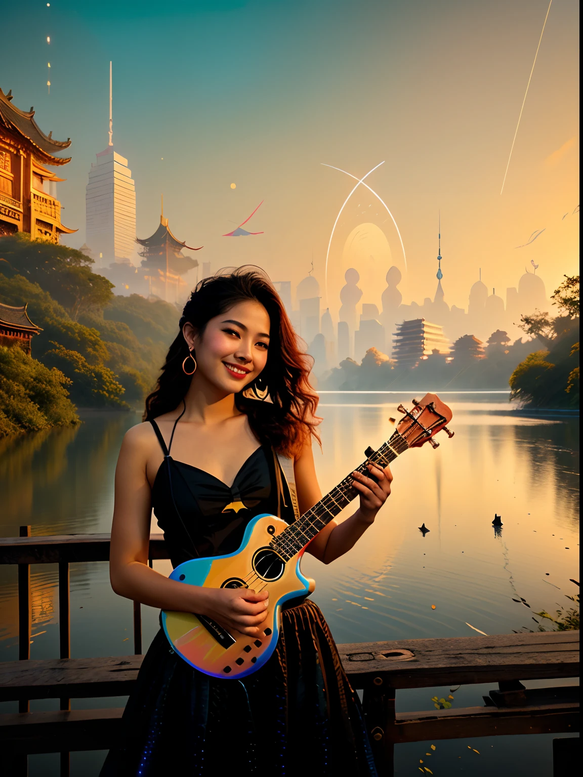 With sunset, The river in the background sparkles, at a beautiful sunset,A young and energetic Asian woman, late sunset, delight, Background in noisy city、happy laughing、cyber punk perssonage、Dull hair、Ukulele in hand、cabelos preto e longos、Wheat-colored complexion、Smooth skin、lively and playful、cinema4d、Dramatic、ENFP-A、Gorgeous and colorful lighting details、Wear a T-shirt、Focus in the crowd、eventide，wooden fence，Chinese-style architecture