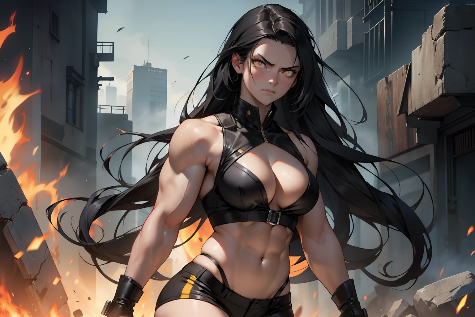 1 girl, solo, very long hair, busty, ((very muscular)), thick thighs, black hair, yellow eyes, pale skin, angry, (ultra detailed eyes), cleavage, navel, abs