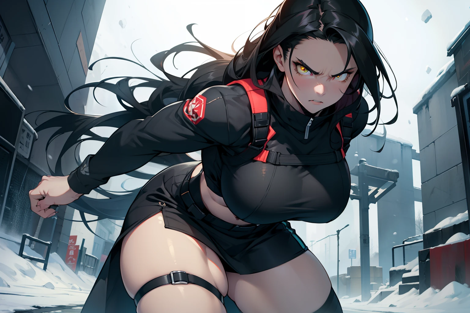1 girl, solo, very long hair, busty, ((very muscular)), thick thighs, black hair, yellow eyes, pale skin, angry, (ultra detailed eyes), winter clothes