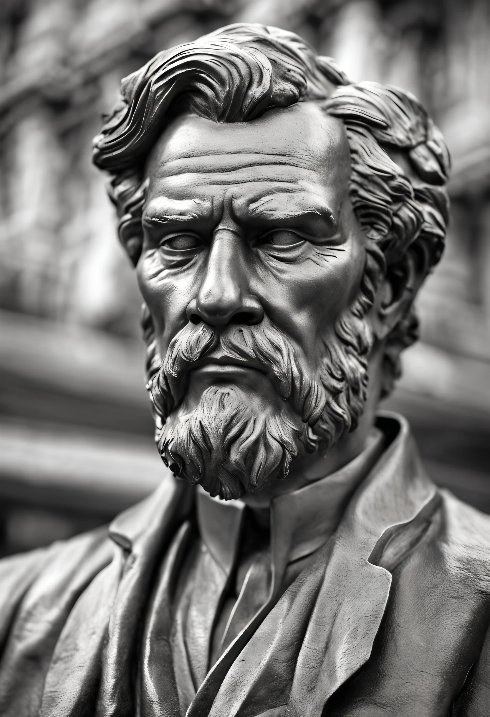 Portrait of a statue of a 40-year-old man with gray hair and serious expression, with an air of experience. highes definition. Homem grego antigo