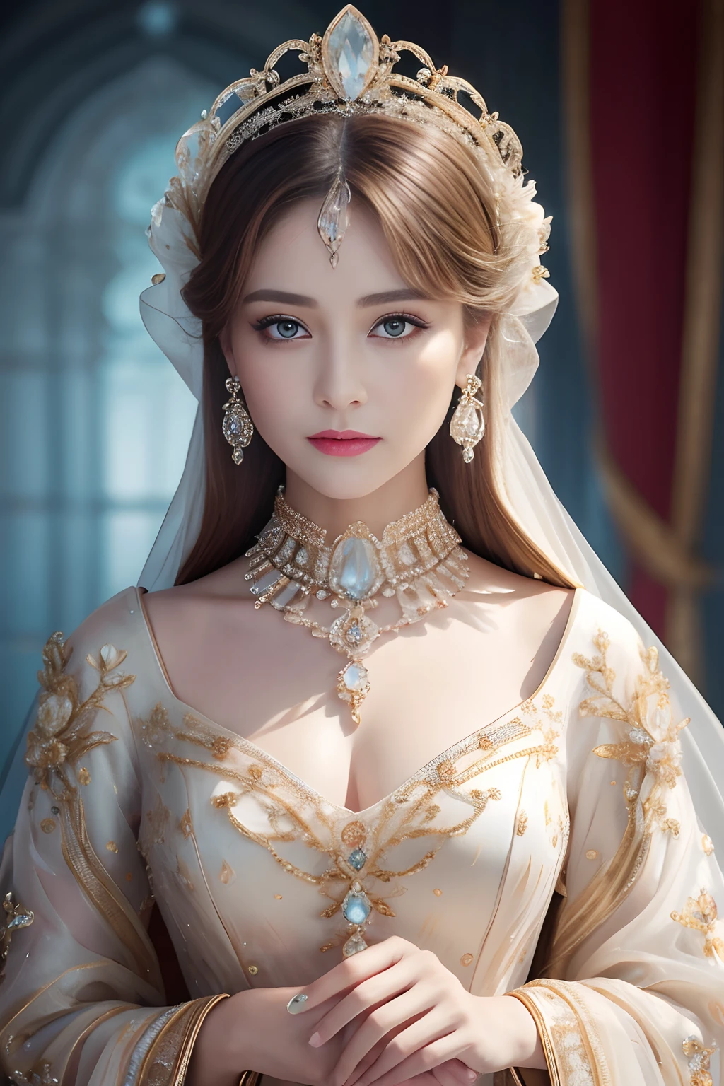 Masterpiece,Highest high resolution,Dynamic bust of beautiful royal lady,Long white hairstyle,Amber clear eyes,The hair is covered with beautiful and delicate floral craftsmanship, Crystal jewelry filigree,Ultra-detailed details,upscaled。