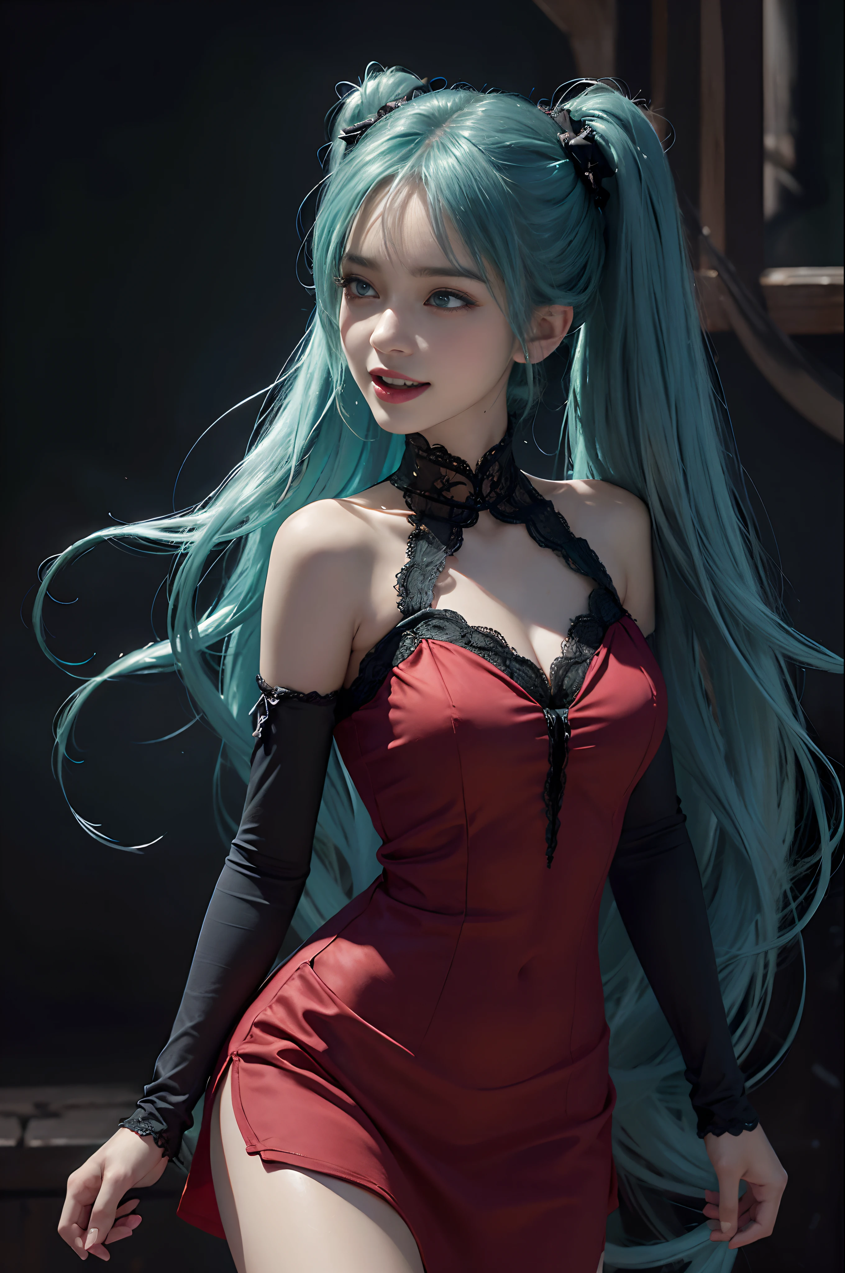 (hatsune miku charakter), tosca hair color, long twin tail hair with pony, looking at the view, eyes on the view, smile (big smile), (open mouth), full body photo, 21 years old girl, perfect body, perfect anatomy, tosca eye color, double eyelids, huge breasts, Highly detailed skin texture, (Realistic skin), Ultra-Detailed Face, Detailed Lips, Detailed Eyes, Double Eyelids, nacklaces, wet skin, wet hair, (((simple background))), (front focus), (in the dark:1.6), deep dark, Hyperrealist portrait of female by david hockney and alphonse mucha, fantasy art, photo realistic, dynamic pose, hot model pose, dynamic lighting, artstation, poster, volumetric lighting, very detailed faces, 4 k, in the dark, deep shadow, low key, cowboy shot, (red dress color), lighting dress, erotic lace dress, suspender stockings, extremely detailed, milk liquid