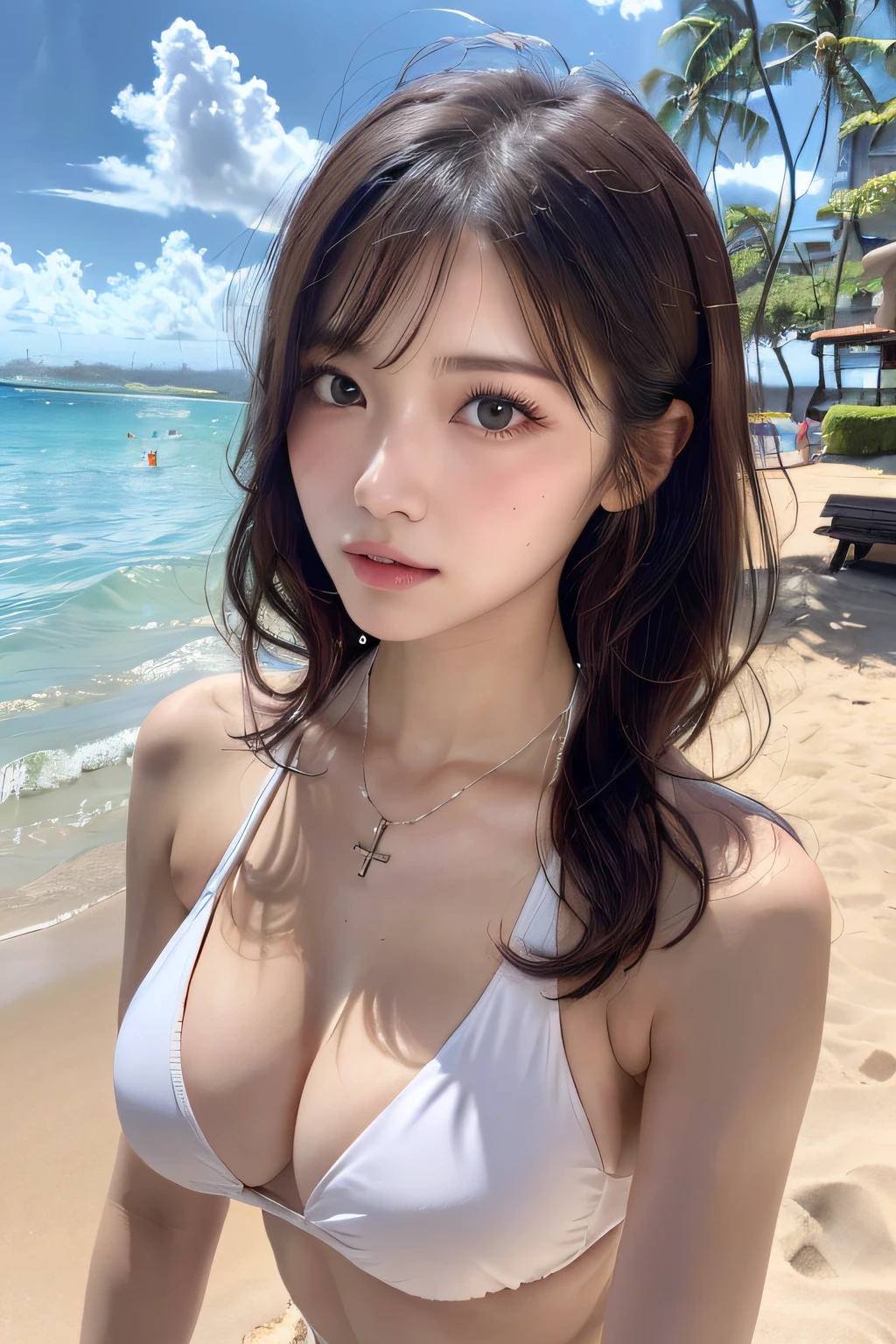 (masutepiece:1.3), High resolution, ultra-detailliert, the Extremely Detailed CG Unity 8K Wallpapers, Realistic, Photorealsitic, Raw photo, beautifull detailed face, pale skin, realistic glistening skin, Detailed Cloth Texture, detailed hair texture, Perfect body, Beautiful face, acurate, Anatomically correct, Highly detailed face and skin texture, Natural neck length, (Beautiful hands), (Fair skin:1.2), thin legs, Thin feet, Sexy thighs,
Detailed eyes, symmetrical eye, Light brown eyes, Double eyelids, Thin eyebrows, (Glossy lips:1.4), ((Sexy face:1.3)), (blush:1.1),
(a very pretty girl:1.3), (Wearing a white cross halter bikini:1.2),
(Large breasts:1.5), (firm breasts, nice shaped breasts, Slender figure:1.1),
(dark brown hair, Wavy Hair, Medium Long Hair:1.2), ((asymmetrical bangs:1.2)), (Sheer fabric:1.2),
((Seductive pose with chest sticking out:1.3)), asimple necklace
((At Waikiki Beach, hawaii:1.2)), (Cowboy Shot:1.2), Looking at Viewer, Distance from the side,
