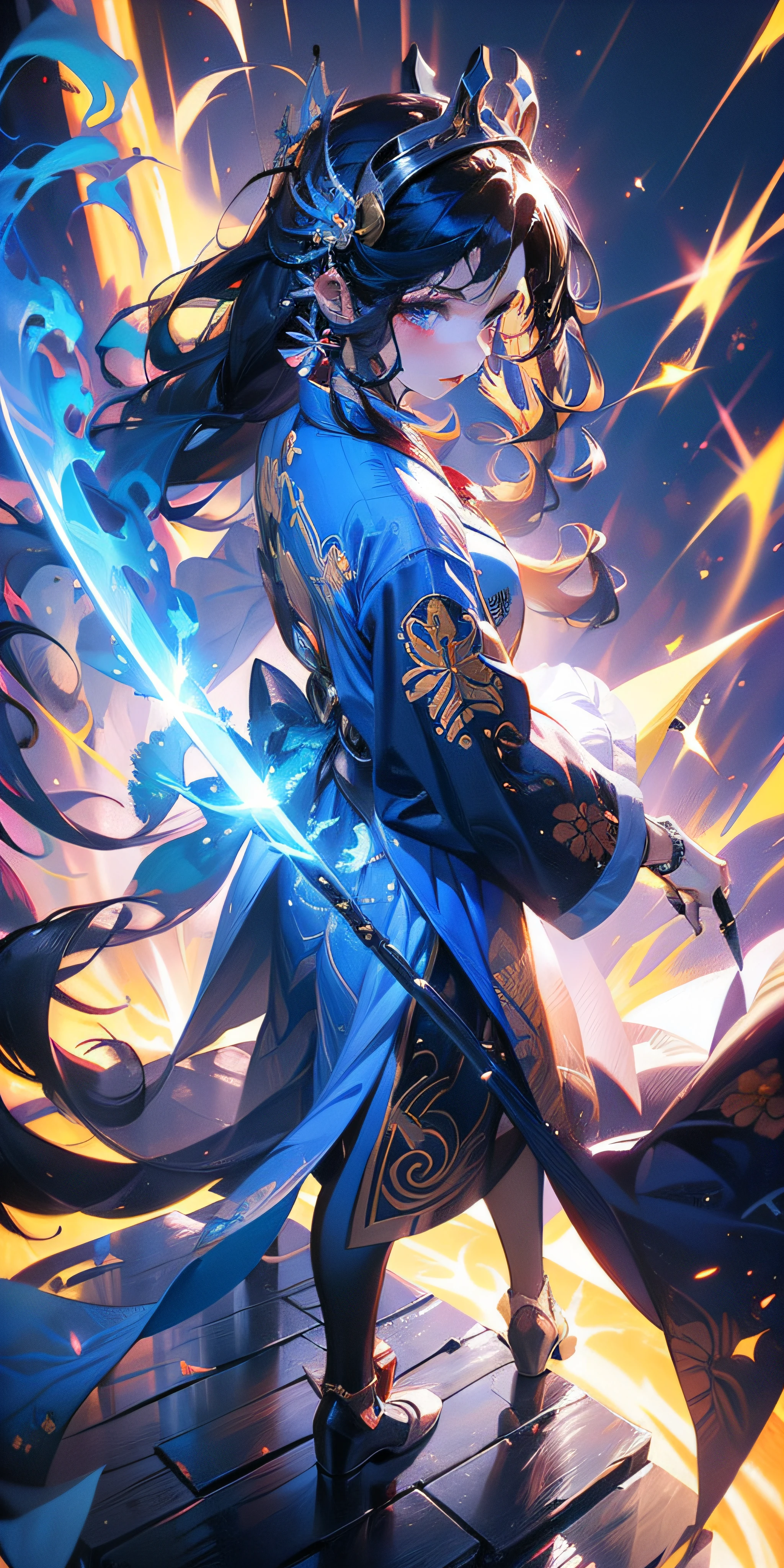 Anime figure,Dark villain,Beauty side face,Long hair flying,(gold
Colorful headdress),Two teenage girls back to back,(Simple head
helmet)Spark ashes burn,The samurai held a sword,Wear contrasting armor,The whole picture of the witch and the witch skeleton,(standing full-body),((Faraway view)),(HD8K),ultra-wide-angle,The background is gorgeous,the original god,demon anime girl,Angel anime girl,fantasy paladin man,Dragon Knight,Spread your black feathered wings,Mobile Genshin Influence,Anime 8K,Anime fantasy insertion,Genshin Impact,Tough and cold character,Detailed key anime art,Ayaka Genshin impact,onmyoji portrait,Close-up of shooting random weapons,Comic book epic artwork,Epic fantasy digital art style,Epic fantasy art style,8K high quality detailed art,Epic fantasy art style HD,Faraway view,Behind him,This is a golden glowing magic array。,Purify the flame,HD anime visuals,full portrait of magical knight