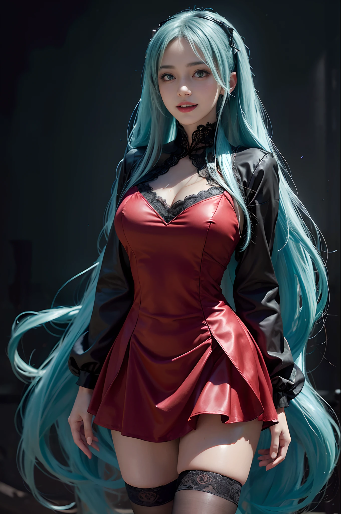 (hatsune miku charakter), tosca hair color, long twin tail hair with pony, looking at the view, eyes on the view, smile (big smile), (open mouth), full body photo, 21 years old girl, perfect body, perfect anatomy, tosca eye color, double eyelids, huge breasts, Highly detailed skin texture, (Realistic skin), Ultra-Detailed Face, Detailed Lips, Detailed Eyes, Double Eyelids, nacklaces, wet skin, wet hair, (((simple background))), (front focus), (in the dark:1.6), deep dark, Hyperrealist portrait of female by david hockney and alphonse mucha, fantasy art, photo realistic, dynamic pose, naughty hot model pose, dynamic lighting, artstation, poster, volumetric lighting, very detailed faces, 4 k, in the dark, deep shadow, low key, cowboy shot, (red dress color), lighting dress, erotic lace dress, suspender stockings, extremely detailed, milk liquid