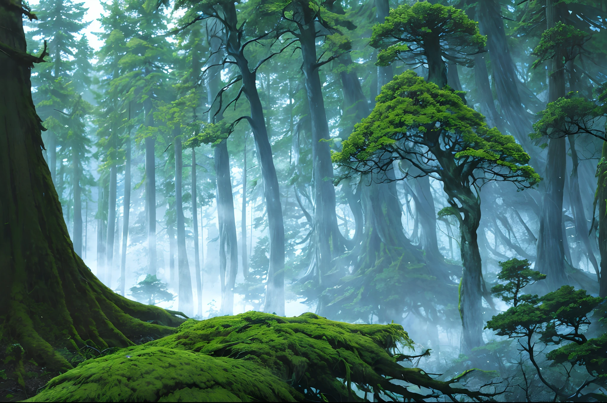 Night forest, Yakusugi cedar, World Natural Heritage Site, forest of giant trees, mossy rocks and fallen trees, negative ions, moist air. Light mist, forest bathing, evening, silence, weak moonlight, dark, night landscape.