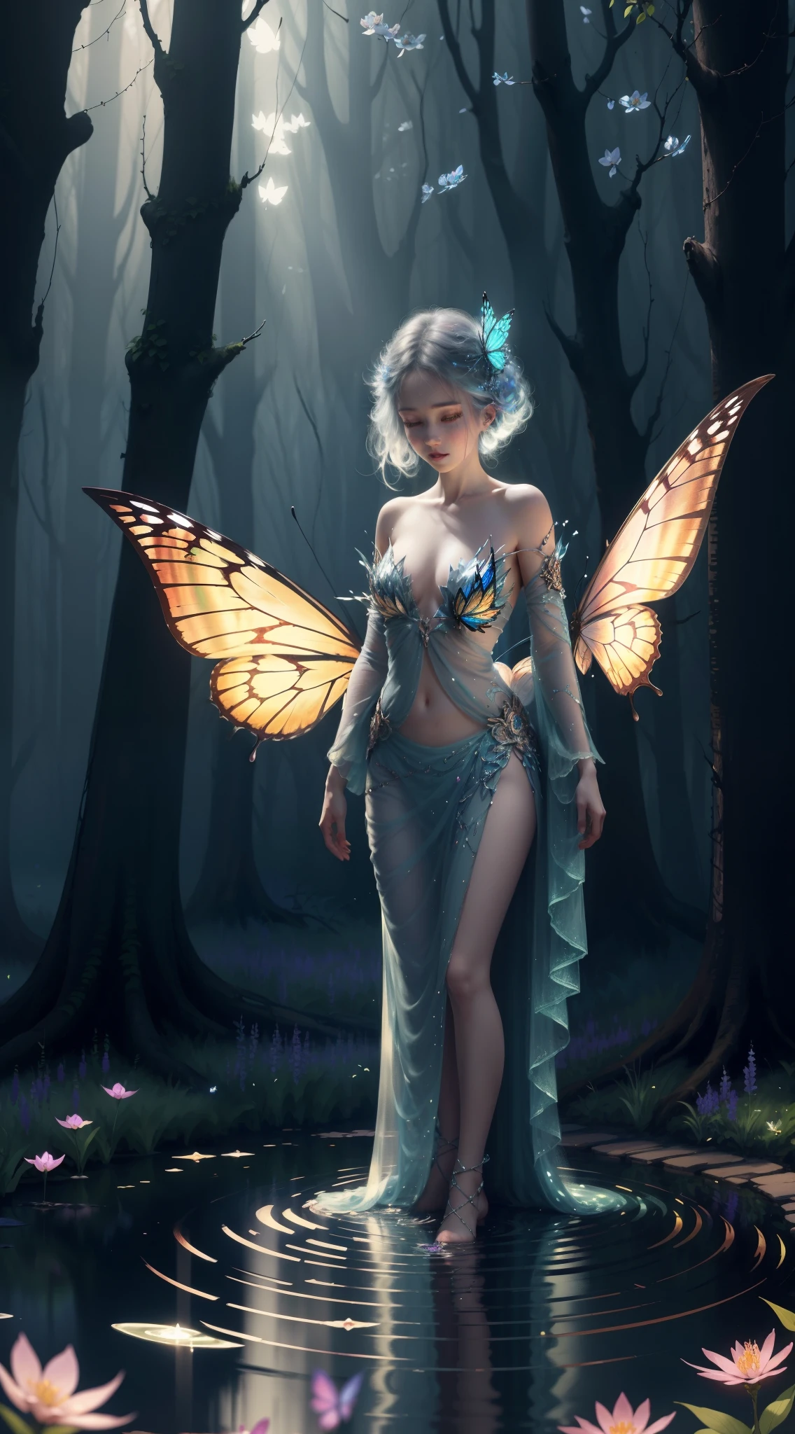 Spring fairies that appear in the forest at night. She is a beautiful person, Pale, Glowing female figures，Stained glass butterfly wings. She wears elaborate ornaments. Fantastic forest fountain with wildflowers. a detailed drawing. Vivid colors. High