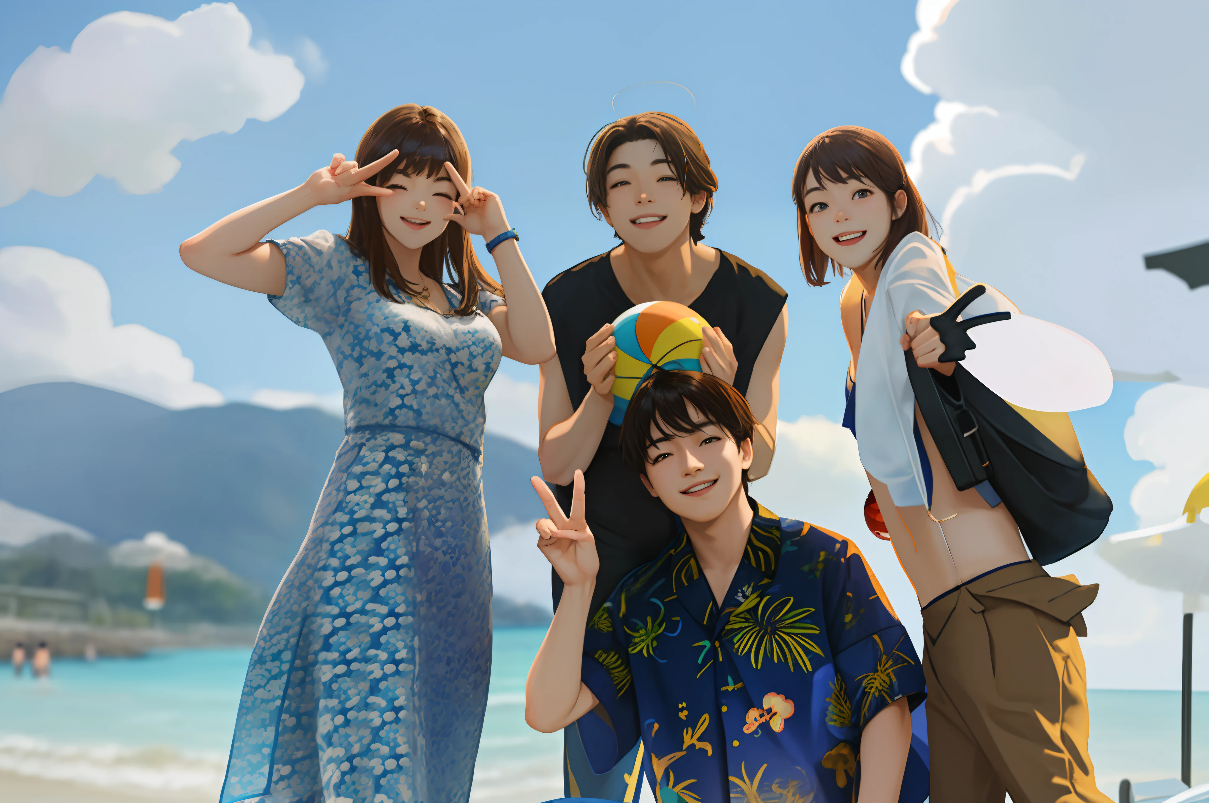 Three people taking photos with beach balls, ehime, summer setting, Photo Shot,, A clear day, Photo session, vacation photo, in a sunny day, still from live action movie, Summer evening, Photo 1 5mm, masutepiece!!