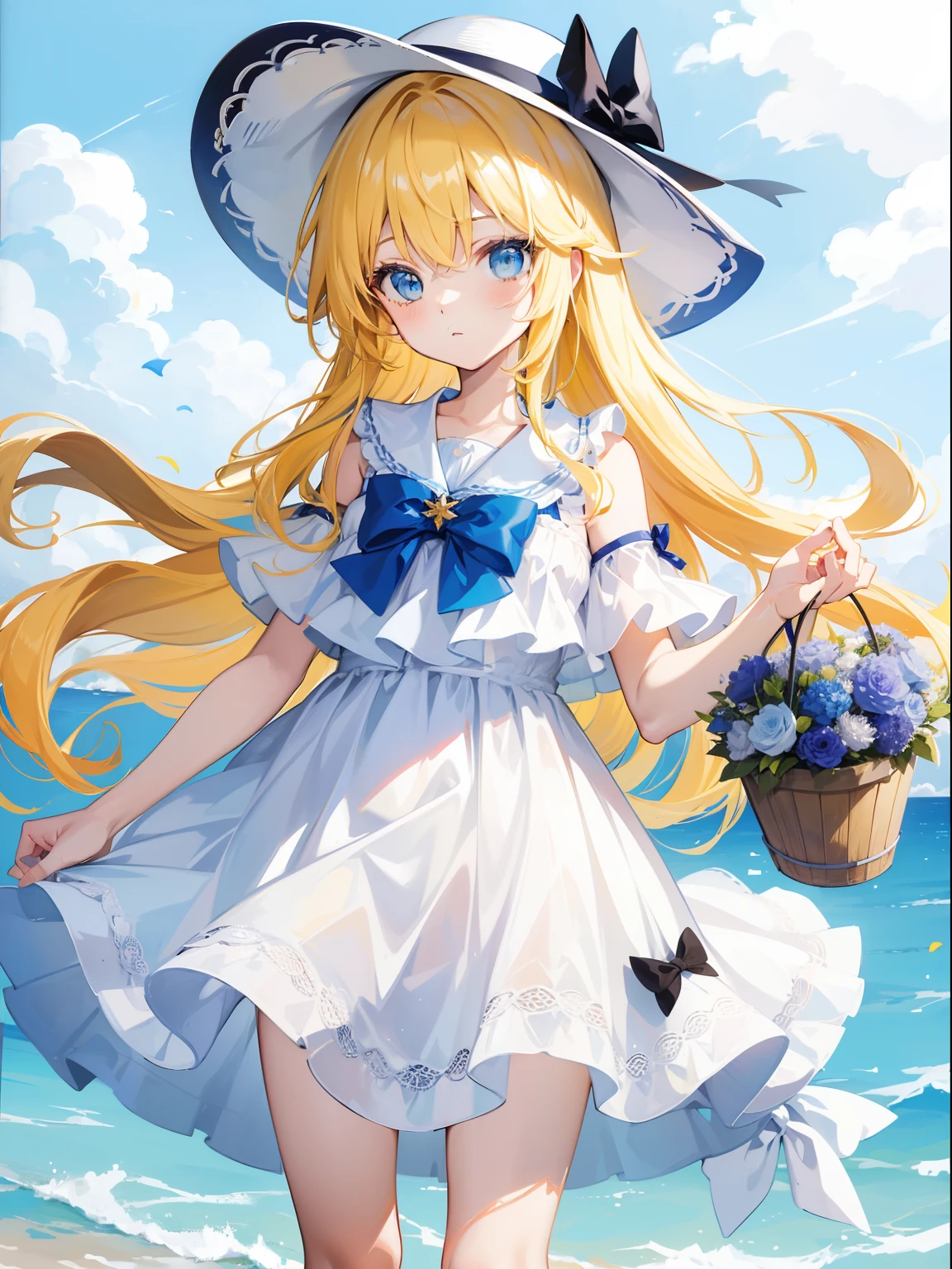 tmasterpiece,Highest image quality,1girll,Yellow hair,blue color eyes,bucket-hat,White slip dress,Bow knot,flower sea