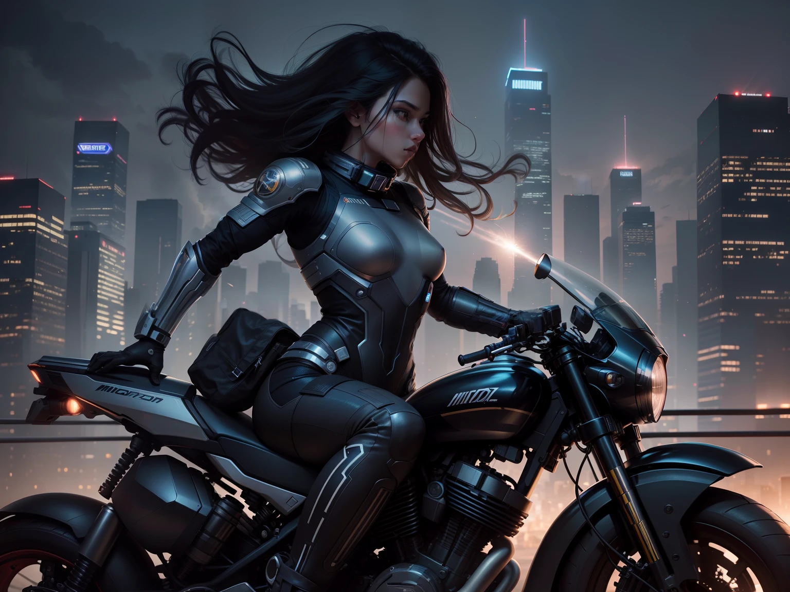 full body shot, riding a long space motorcycle, shooting a space rifle, Double exposure portrait featuring a female humanoid android and city skyline, with the buildings perfectly blending into her hair and skin, chiaroscuro, volumetric lighting, 32k trendy abstract movie poster, stunning portrait 75mm photo , cover artwork, minimal at maximum, artwork, highly detailed, studio lighting, mystical atmosphere, photography, perfect shading, shot on Nikon 750D, ISO 100