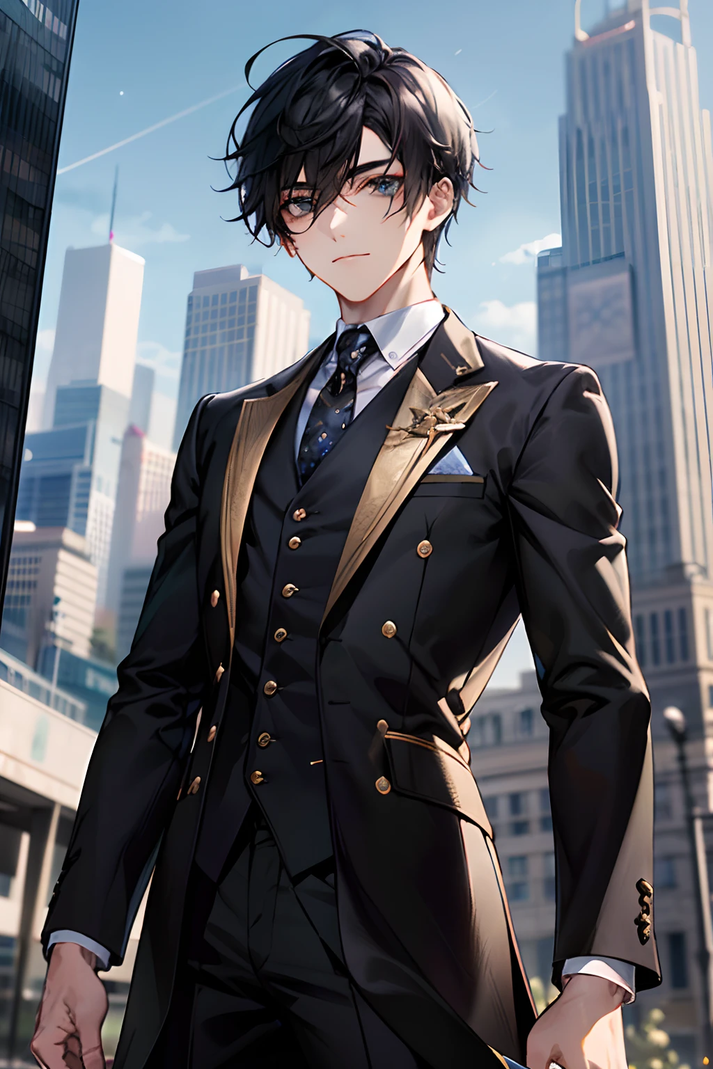 In the vibrant setting of a modern fantasy city, A 24-year-old presents himself with a presence that evokes a combination of youth and maturity. Su cabello corto de color negro enmarca un rostro experimentado y reflexivo, mientras que sus ojos grises reflejan una profundidad de pensamiento. Viste con un traje negro que fluye elegantemente como una capa larga, Adorned with golden details that shine in harmony with the light of the city. En un plano medio, Your character looks toward the viewer with an expression that captures their determination and a touch of mystery...... en el fondo, The modern city comes alive with futuristic skyscrapers and age-defining technology. En este escenario de maravillas y retos por descubrir, He personifies the fusion of youth and wisdom in a world full of opportunities....