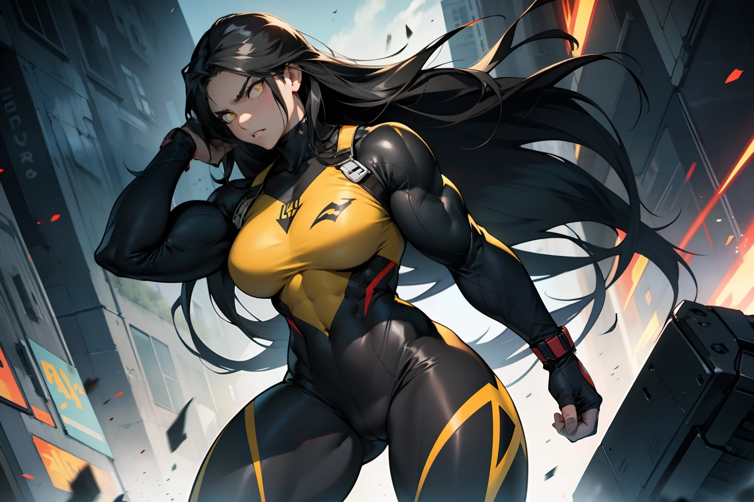 (1 girl), solo, very long hair, busty, ((((very muscular)))), thick thighs, black hair, yellow eyes, pale skin, angry, (ultra detailed eyes), bodysuit