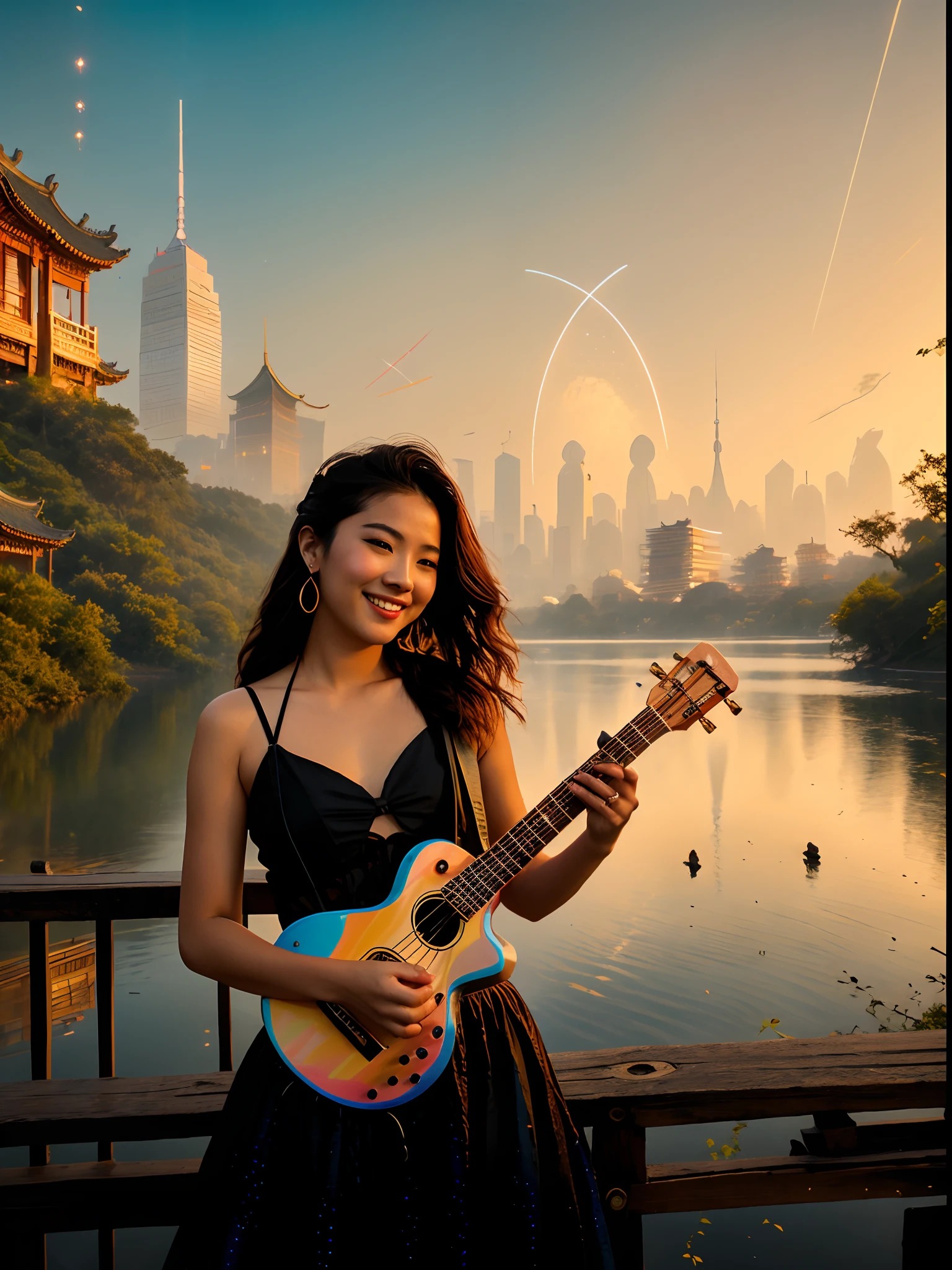 With sunset, The river in the background sparkles, at a beautiful sunset,A young and energetic Asian woman, late sunset, delight, Background of noisy city、happy laughing、cyber punk perssonage、Dull hair、Ukulele in hand、cabelos preto e longos、Wheat-colored complexion、Smooth skin、lively and playful、cinema4d、Dramatic、ENFP-A、Gorgeous and colorful lighting details、Wear a T-shirt、Focus on the crowd、eventide,Wooden fence,Chinese-style architecture