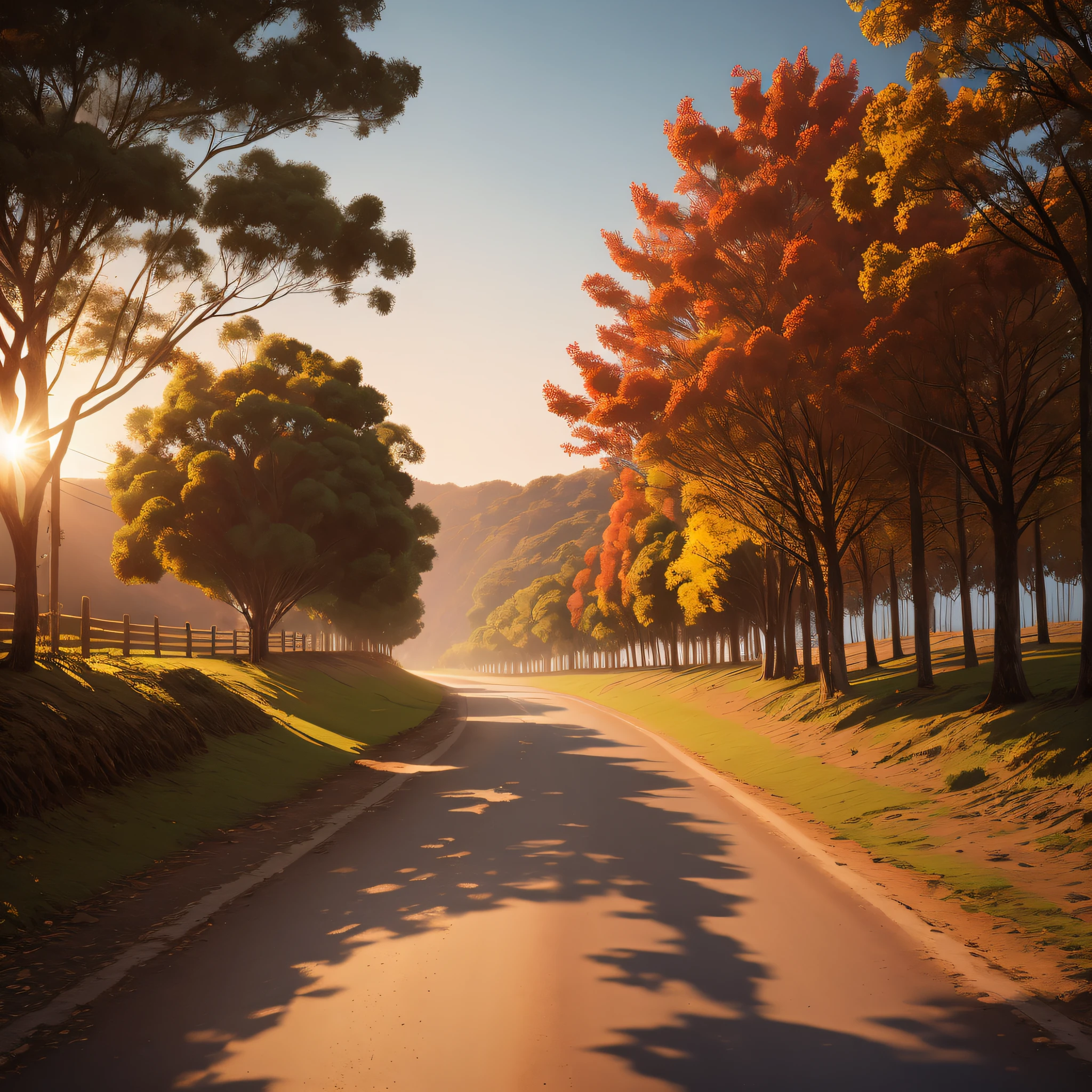 trees line a road in a rural area with a sunset, paisagem fotorrealista, Pintura de paisagem virtual 3D, beautiful render of a landscape, luz de outono, luz solar suave do outono, Pintura Digital HDR, pintura digital bonita, pintura digital impressionante, pintura digital de alta qualidade, brazi. pintura fosca, lindo pintura digital, pintura digital. octan render, realistic landscape, realistic afternoon lighting