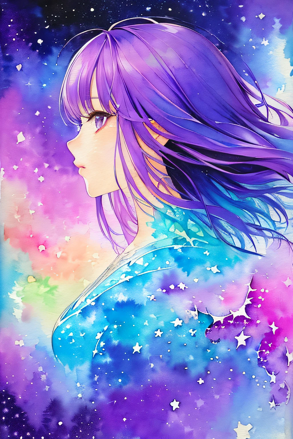 (masterpiece, top quality, best quality,watercolor (medium),official art, beautiful and aesthetic:1.2),(1girl:1.3), (fractal art:1.3),upper body, from side, looking at viewer,patterns,(purple Hair,colorful hair,royalty,goddess,water,liquid, cloud,colorful, starry,stars,