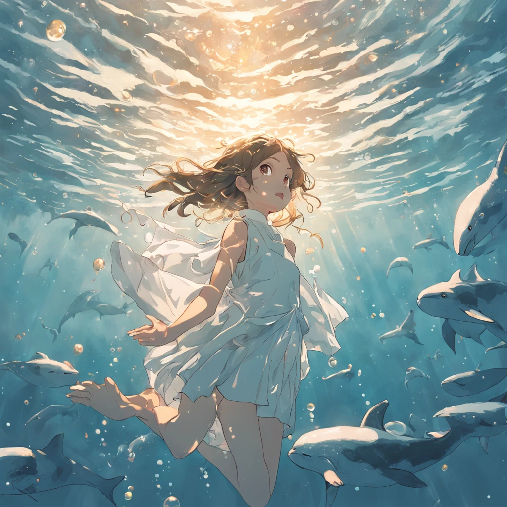 illustration:Girl in white swimming with whales at the bottom of the sea,The whale jumps out, The bubbles around the surface of the water slowly rise,Sunlight slanting, Golden hour,