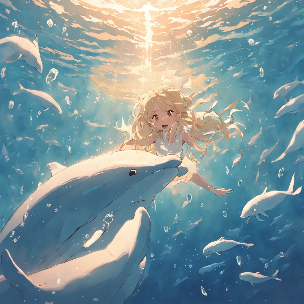 illustration:Girl in white swimming with whales at the bottom of the sea,The whale jumps out, The bubbles around the surface of the water slowly rise,Sunlight slanting, Golden hour,