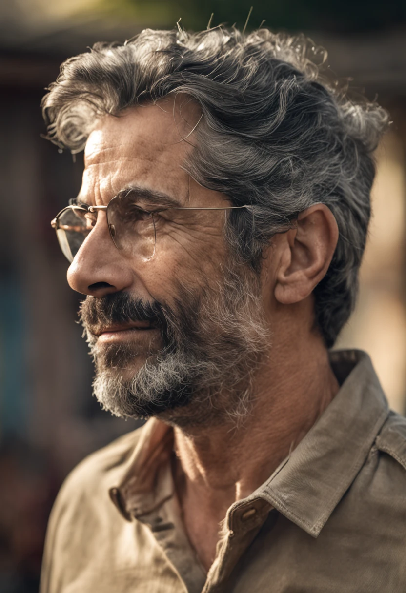 Retrato de um homem de 40 anos, magro, bearded and with gray hair and serious expression, with an air of experience. highes definition. Homem grego antigo