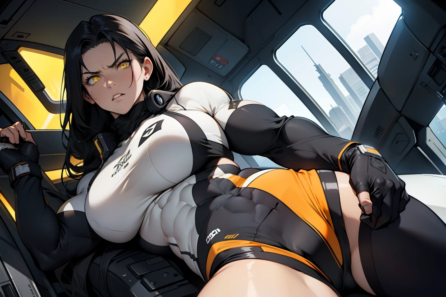 1 girl, solo, very long hair, busty, ((((very muscular)))), thick thighs, black hair, yellow eyes, pale skin, angry, (ultra detailed eyes), pilot suit