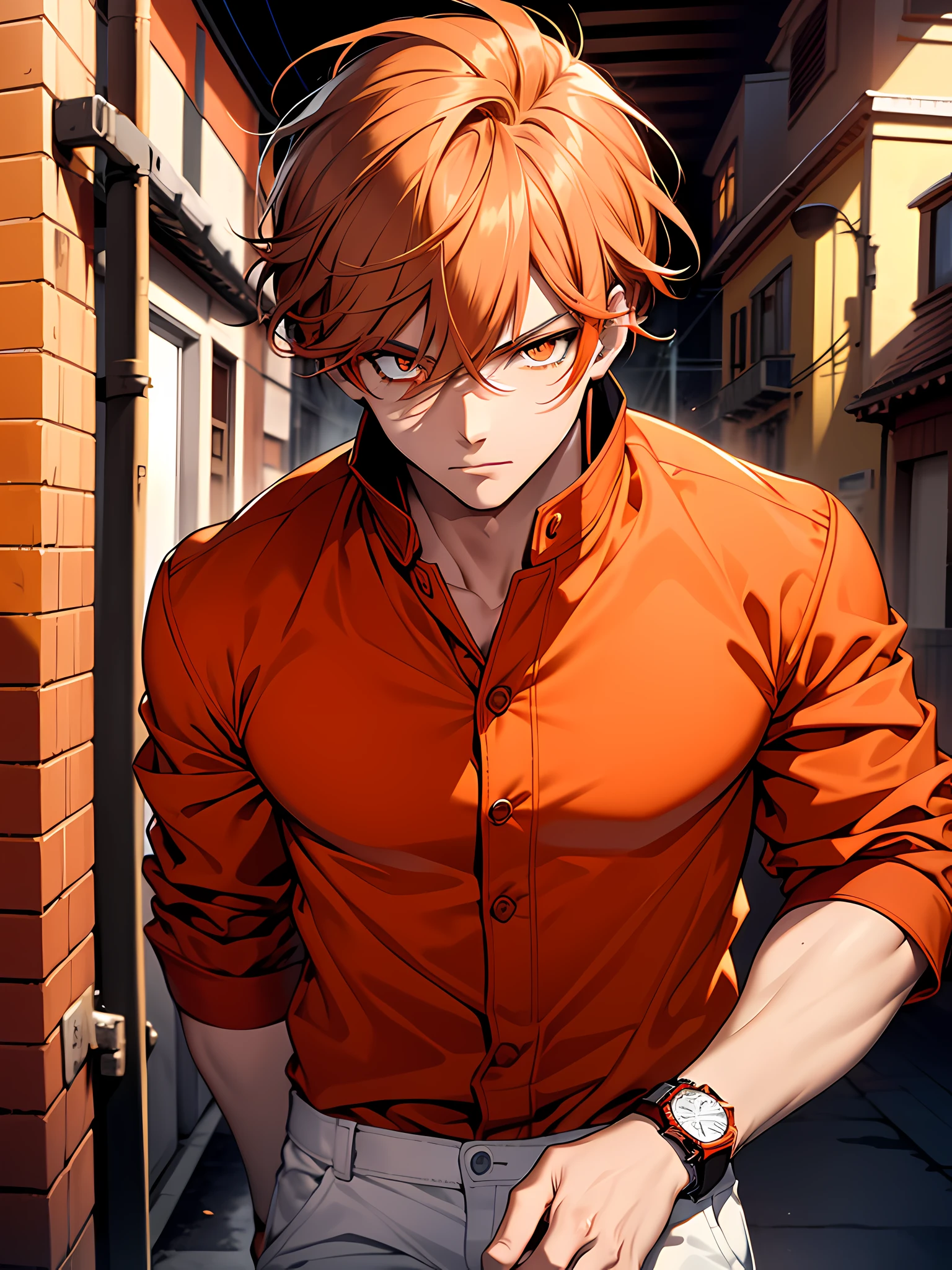 1boy, face focus, accurate beautiful fierce orange eyes with long eyelashes, dark orange hair, body is well proportioned and accurate, wearing red  jacket, orange t-shirt, white pants, orange expensive watch, his in the neighborhood, looking at viewer, high resolution, ultrasharp, 8k, masterpiece
