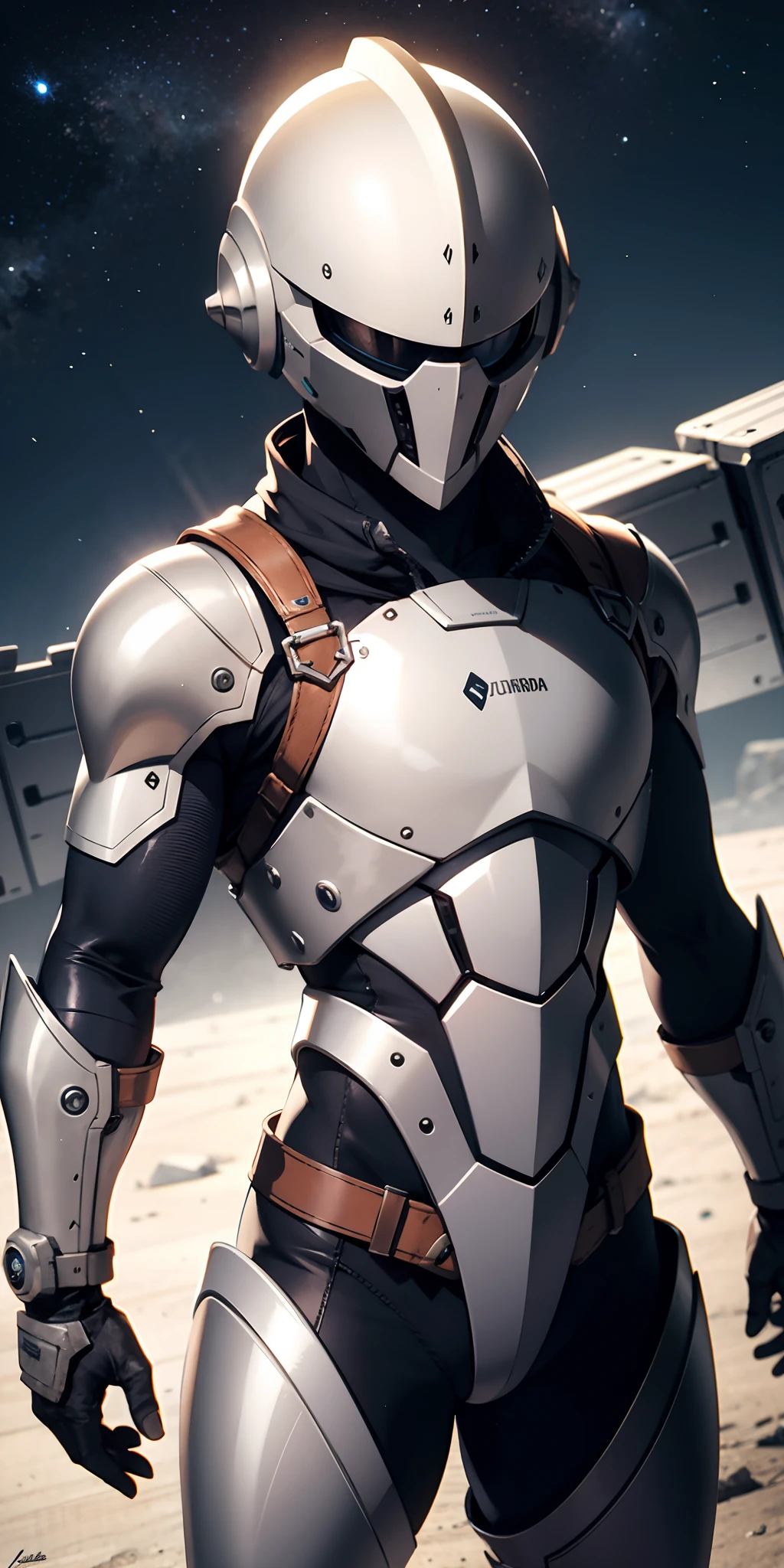 "homem com armadura de predador em uma base espacial", armadura enferrujada:0.9, galaxy, foto profissional:1.3)