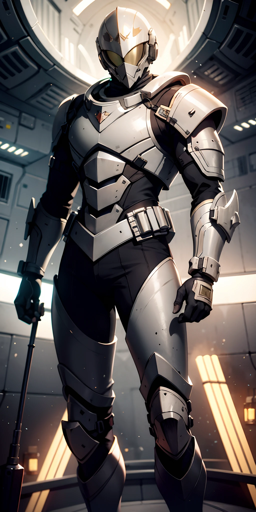 "homem com armadura de predador em uma base espacial", armadura enferrujada:0.9, galaxy, foto profissional:1.3)