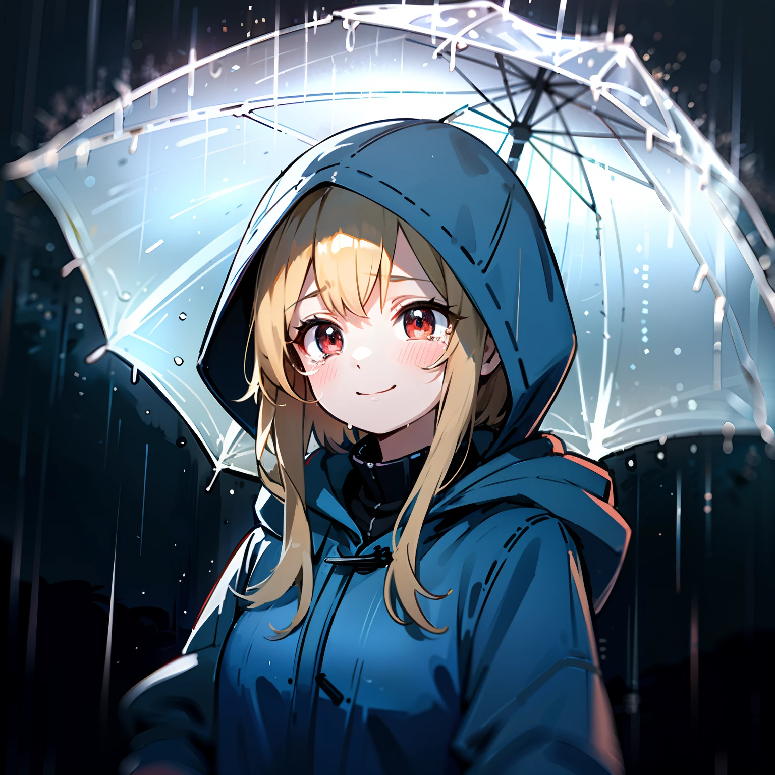 Girl, Blonde hair, Red eyes, rain, Looking down, Smile, Tears, Blue raincoat, Hood up, Town