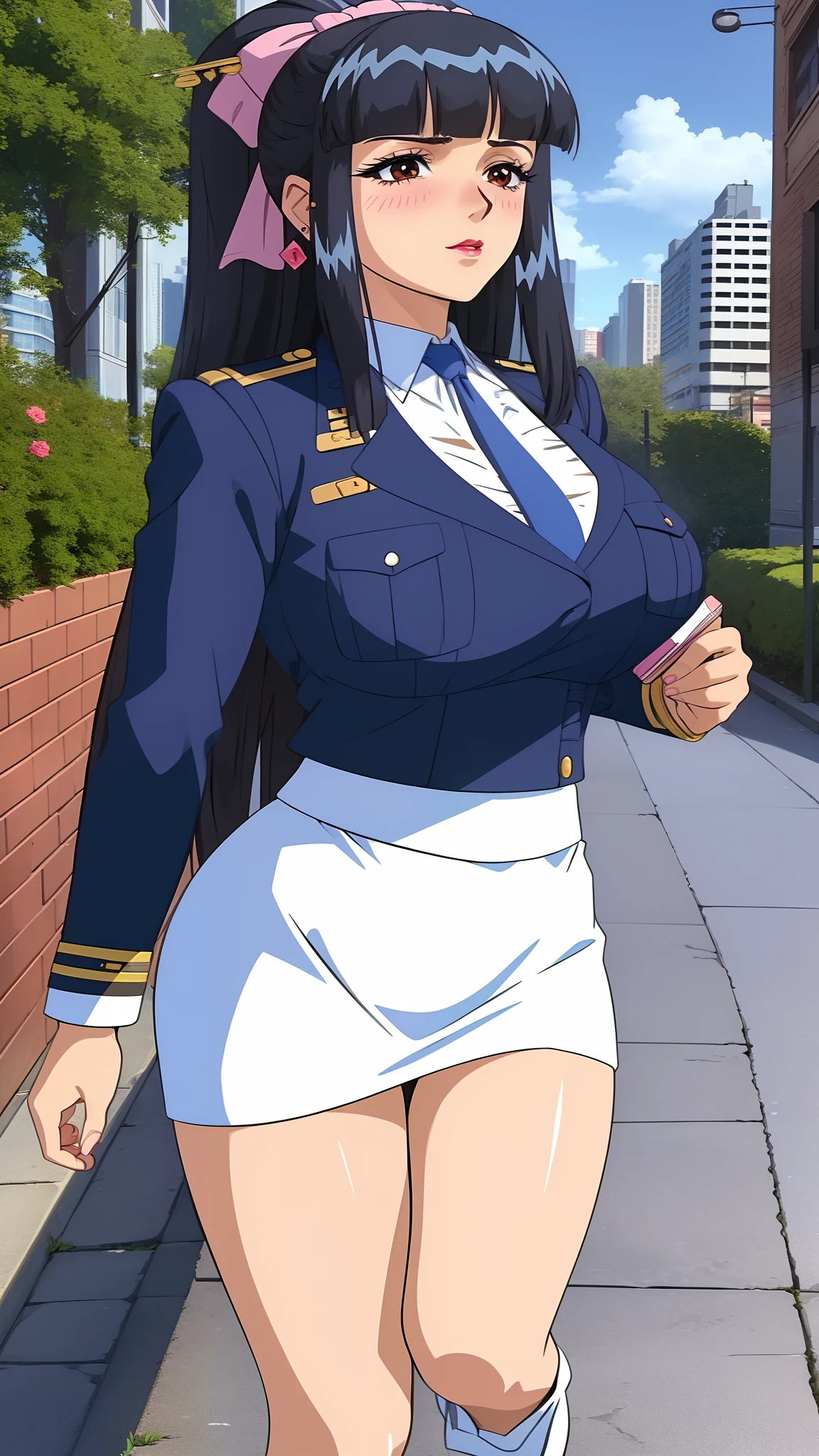 (masterpiece, highres, best quality:1.3), 8K, highly detailed, intricate, colorful, vibrant image, sharp focus, hentai, 4K,
Agatha, 1girl, battle stance, confident look, kicking, sunny weather, (blush:1.1), blue sky, skyscrapers, full body shot,
black hair, long hair, blunt bangs, hair ornament, hair stick, bow, lipstick, makeup, eyeshadow, ultra detailed hair, detailed face, brown eyes, complex realistic perfect eyes, perfect face, earrings, jewelry,
uniform, pencil skirt, necktie, panties, white boots,
(mature female, 30yo:1.1), milf, breasts,