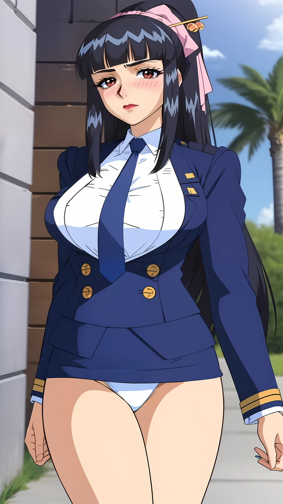 (masterpiece, highres, best quality:1.3), 8K, highly detailed, intricate, colorful, vibrant image, sharp focus, hentai, 4K,
Agatha, 1girl, battle stance, confident look, kicking, sunny weather, (blush:1.1), blue sky, skyscrapers, full body shot,
black hair, long hair, blunt bangs, hair ornament, hair stick, bow, lipstick, makeup, eyeshadow, ultra detailed hair, detailed face, brown eyes, complex realistic perfect eyes, perfect face, earrings, jewelry,
uniform, pencil skirt, necktie, panties, white boots,
(mature female, 30yo:1.1), milf, breasts,