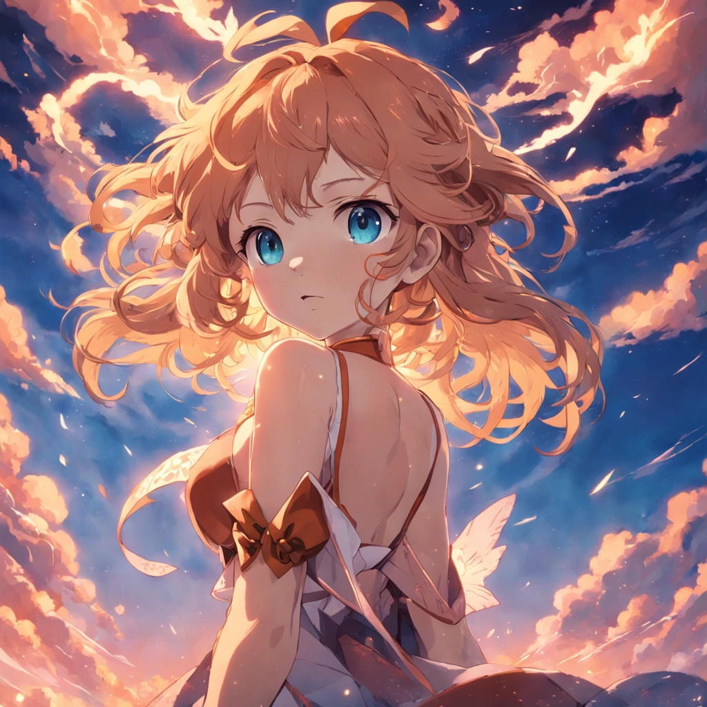 tmasterpiece，best qualtiy，cinematic Film still from，1个Giant Breast Girl，Cloud girl floating in the sky，closeup cleavage，brightly，cheerfulness，Warm and soft lighting，the sunset，（spark of light：0.7），white legwear。