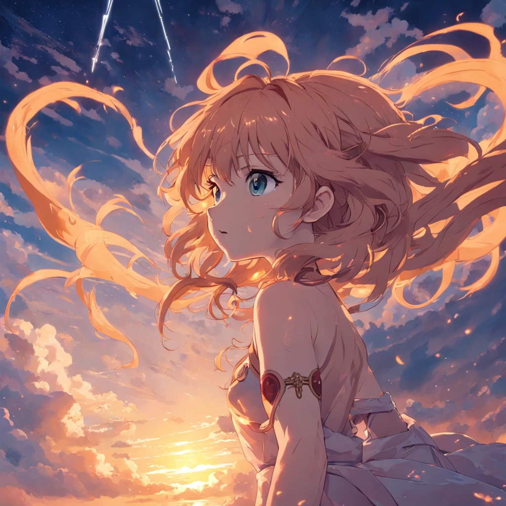 tmasterpiece，best qualtiy，cinematic Film still from，1girl，Cloud Girl，Anime breaks the sky，Medusa，Floating in the sky，closeup cleavage，brightly，cheerfulness，Warm and soft lighting，the sunset，（spark of light：0.7）