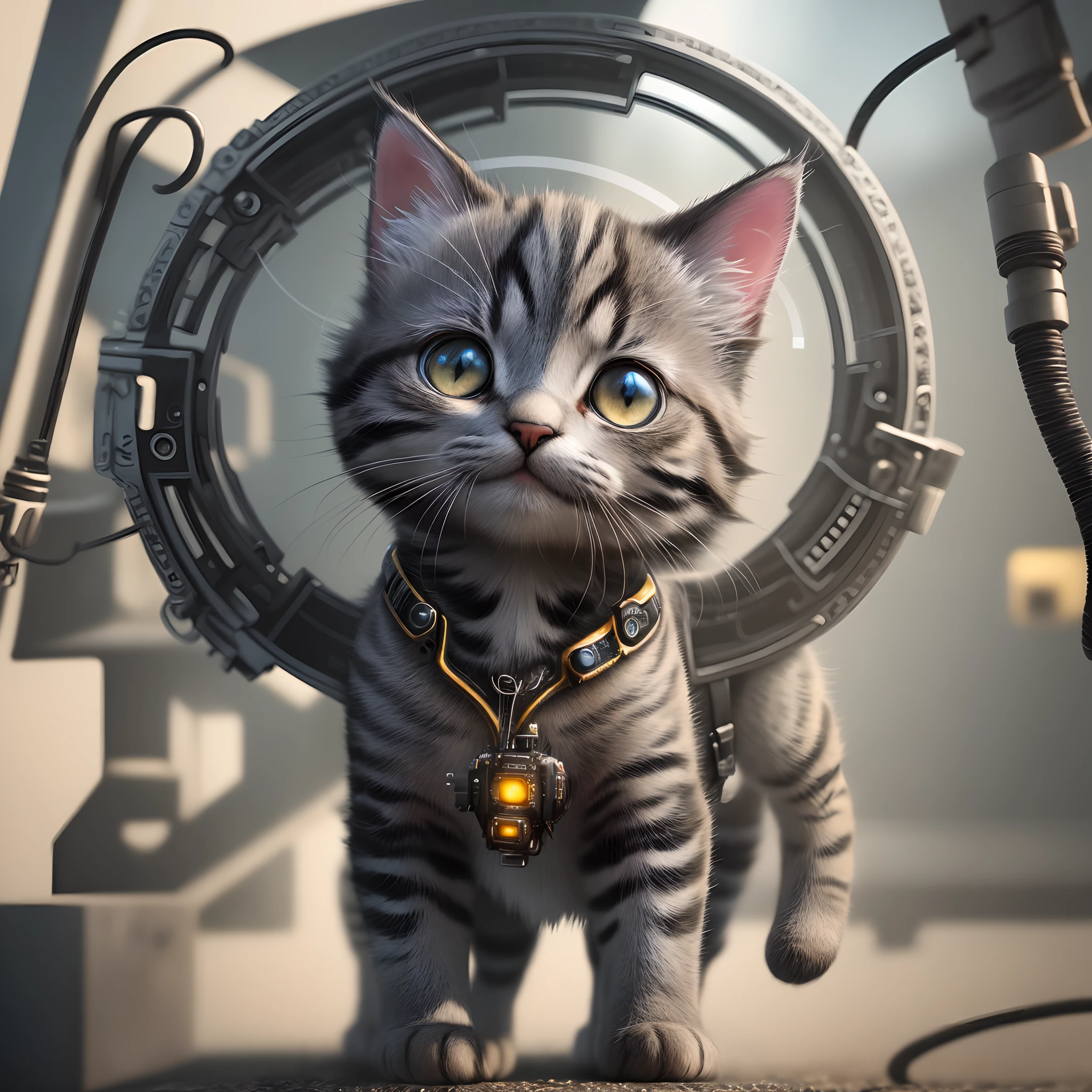 A cute kitten made of metal, (cyborg:1.1), ([tail|detailed wire]:1.3), (intricate detail), hdr, (intricate detail, hyperdetailed:1.2), cine footage, halo shadow, centered