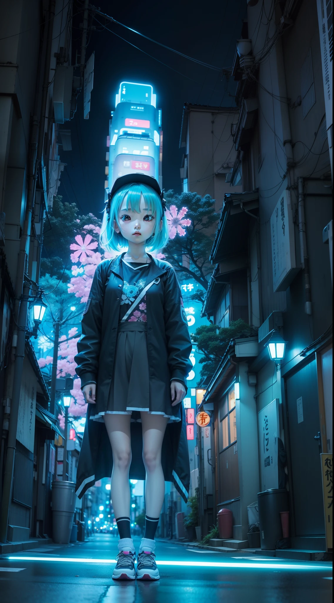 beautiful anime girl, slight smile, perfectly symmetrical eyes, beautiful face, standing on the street, perfect stance on the street, Tokyo, Bioluminescent, feet flat on the street,
