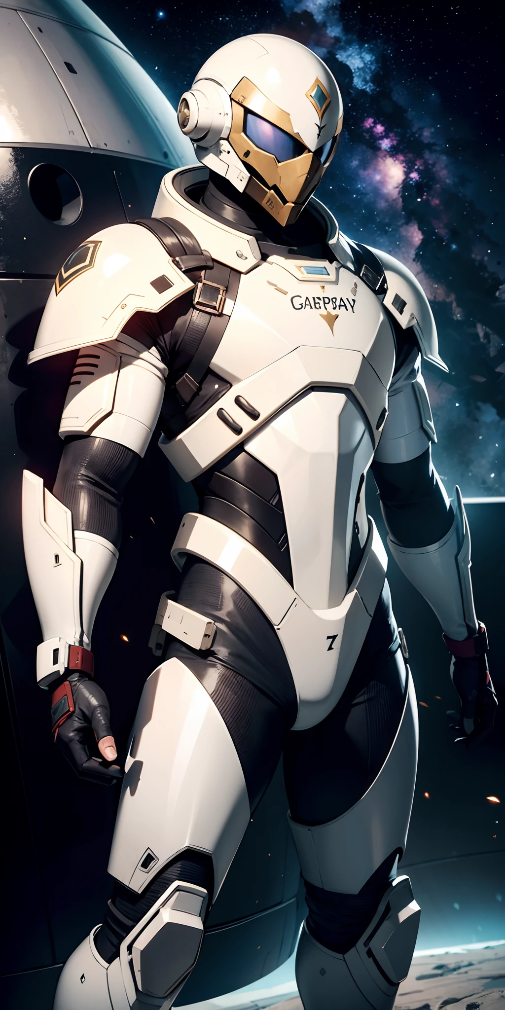 "homem com armadura de predador em uma base espacial", armadura enferrujada:0.9, galaxy, foto profissional:1.3)