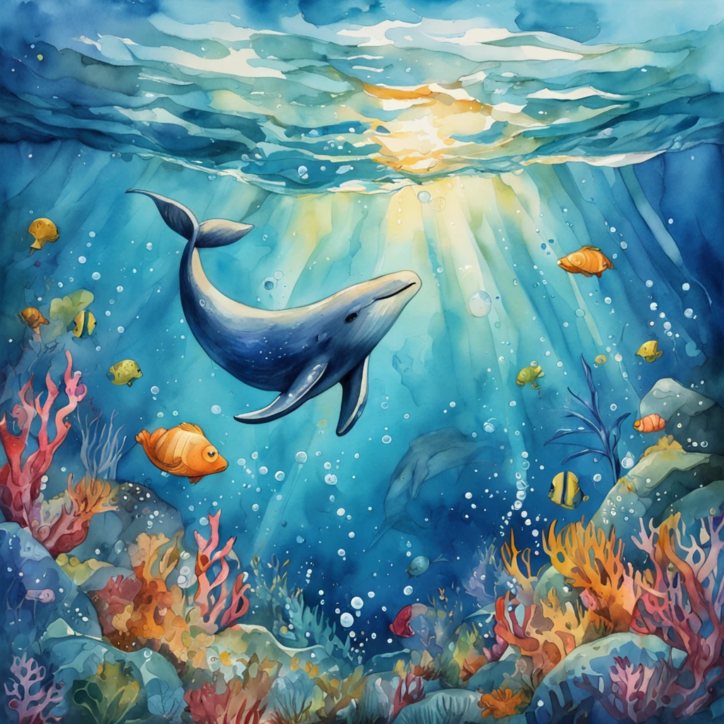 illustration:Girl in white swimming with whales at the bottom of the sea,The whale jumped out, The bubbles around the surface of the water slowly rise,Sunlight slanting, prime time,