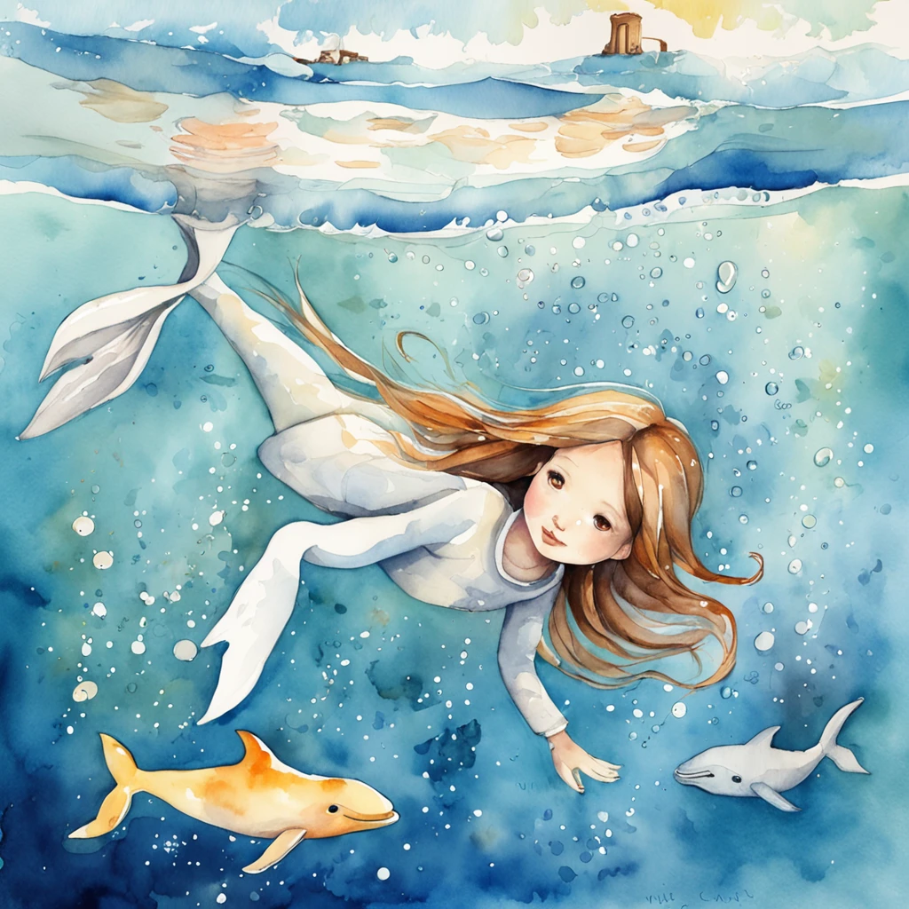 illustration:Girl in white swimming with whales at the bottom of the sea,The whale jumped out, The bubbles around the surface of the water slowly rise,Sunlight slanting, prime time,