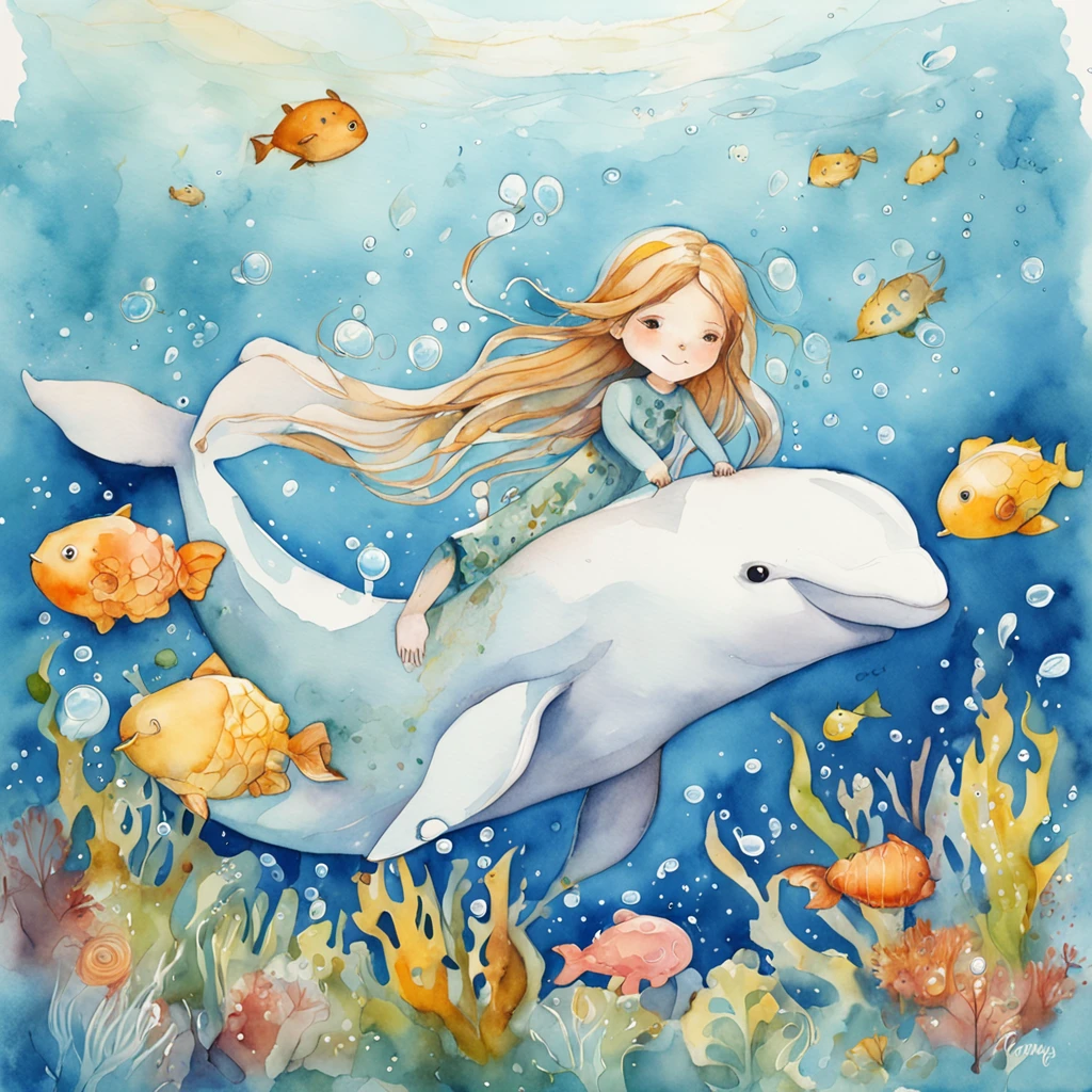 illustration:Girl in white swimming with whales at the bottom of the sea,The whale jumped out, The bubbles around the surface of the water slowly rise,Sunlight slanting, prime time,
