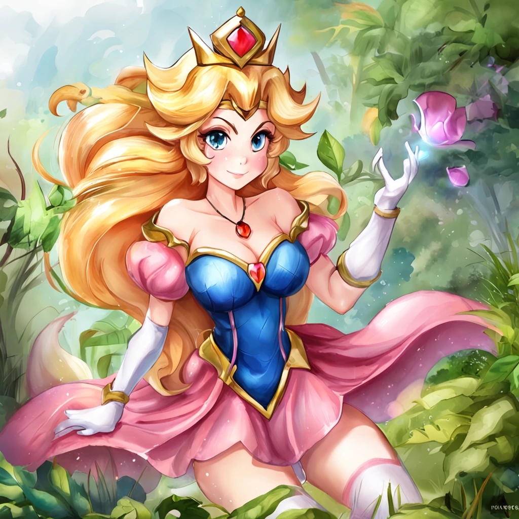 (Princess Peach: 1.5),(Sexy superheroine:1.2),(magical forest:1.2),(Fofosexyrobutts:1.2),(Rossdraw 2.5:1.1),(KDA:1.1),(WLOP:1.1),(Sakimichan:1.1),(Aquarela:1.2),(Particus:0.55)