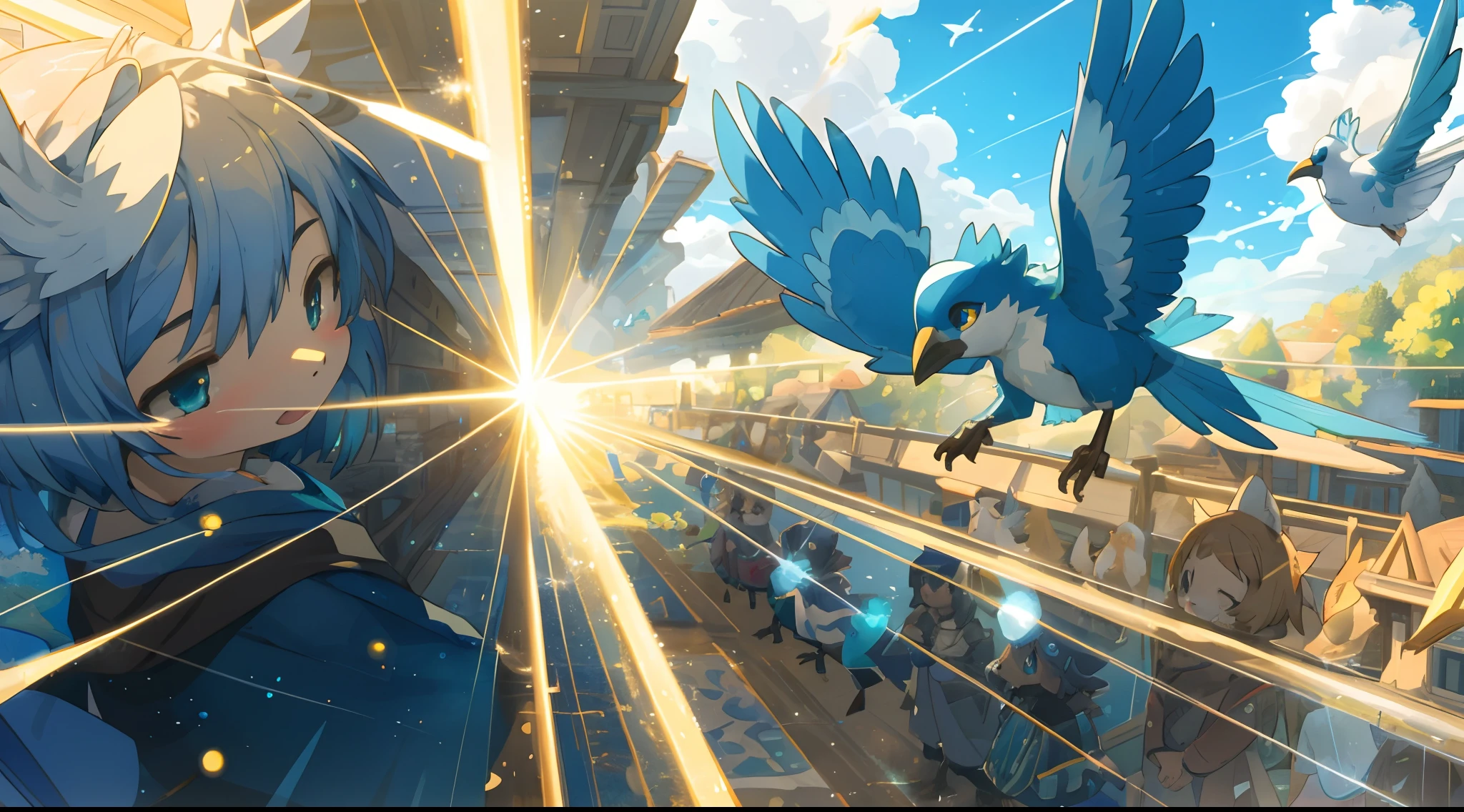 top quality, best quality, High-quality illustrations, masterpiece, super high resolution, detailed background, Blue sky((movie of bird creatures and human child)), 6+boys, 6+girls, absurdres(highly detailed beautiful face and eyes)perfect anatomy, expression, caustics, light rays, dynamic lighting, light particles, lens flare, cinematic shadow(kemono, furry anthro)assorted poses, dynamic angle,