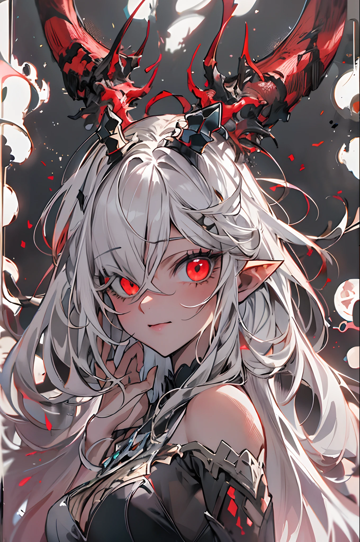 masterpiece, best quality, ultra-detailed, absurdres, colorful, 1girl, solo, (solid red eyes:1.0), (white hair, long hair, straight hair, hair over one eye:1.0), detailed eyes, wide-eyed, eyelashes, (upper body:0.8), monster girl, side view, glowing eyes, tilted head, night, black suit, pointy ears, horror, dark, black background, looking at viewer, crown, high contrast, backlighting, (standing:0.8), aura, fractal background, chaotic, spiral, demon horns, energy, mosaic, inferno