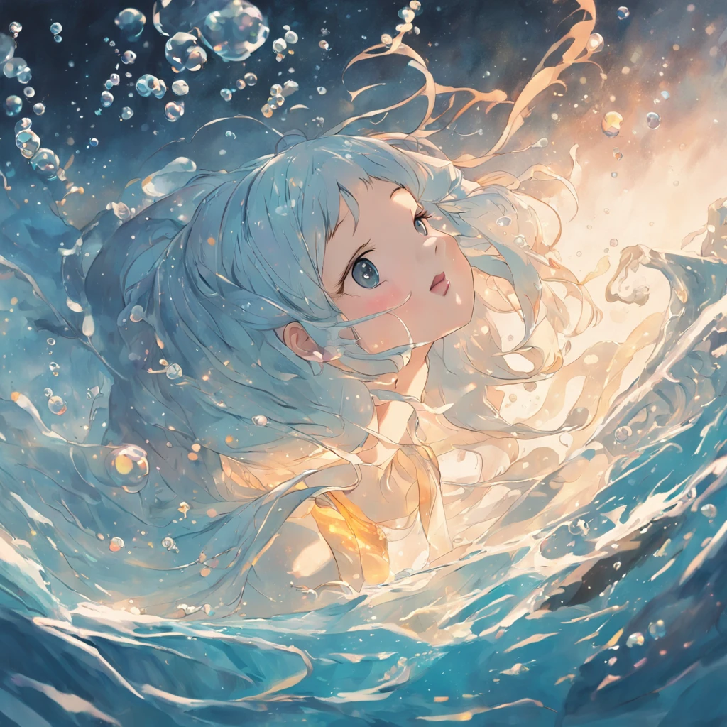 illustration：The girl in white sits on her side above the whale，The whale jumped out of the face, The bubbles around the surface of the water slowly rise，Sunlight slanting, prime time,in a panoramic view,