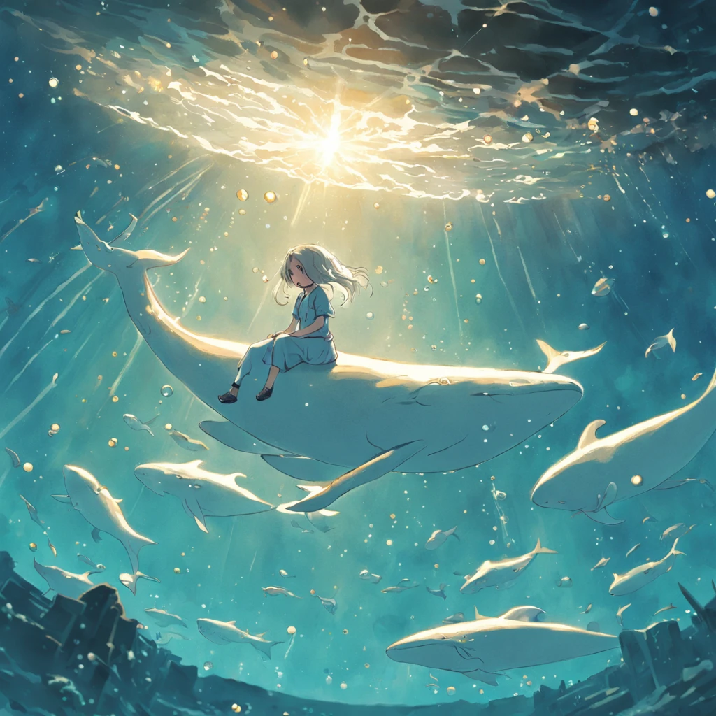 illustration：The girl in white sits on her side above the whale，The whale jumped out of the face, The bubbles around the surface of the water slowly rise，Sunlight slanting, prime time,in a panoramic view,