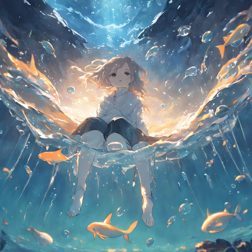 illustration:The girl in white sits on her side above the whale,The whale jumped out of the face, The bubbles around the surface of the water slowly rise,Sunlight slanting, prime time,in a panoramic view,