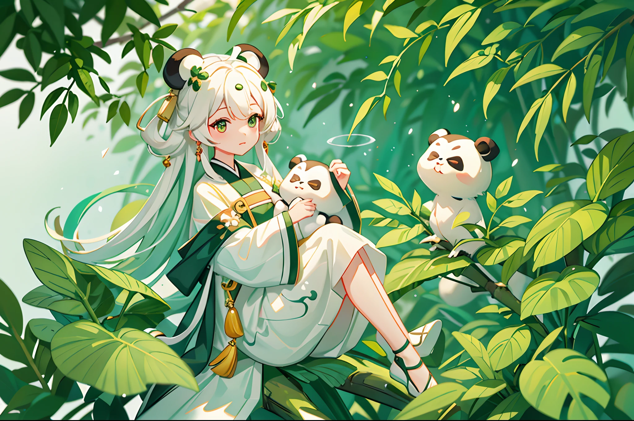 white backgrounid,Under bamboo leaves, The panda sits on a branch,(bit girl:1.5),green and white clothes,big beatiful eyes,detailed face with,Flashy clothes,Ethereal panda,Chinese Panda,Dreamy,Onmyoji detailed art,A beautiful artwork illustration,mythological creatures,pandas,Beautiful digital artwork